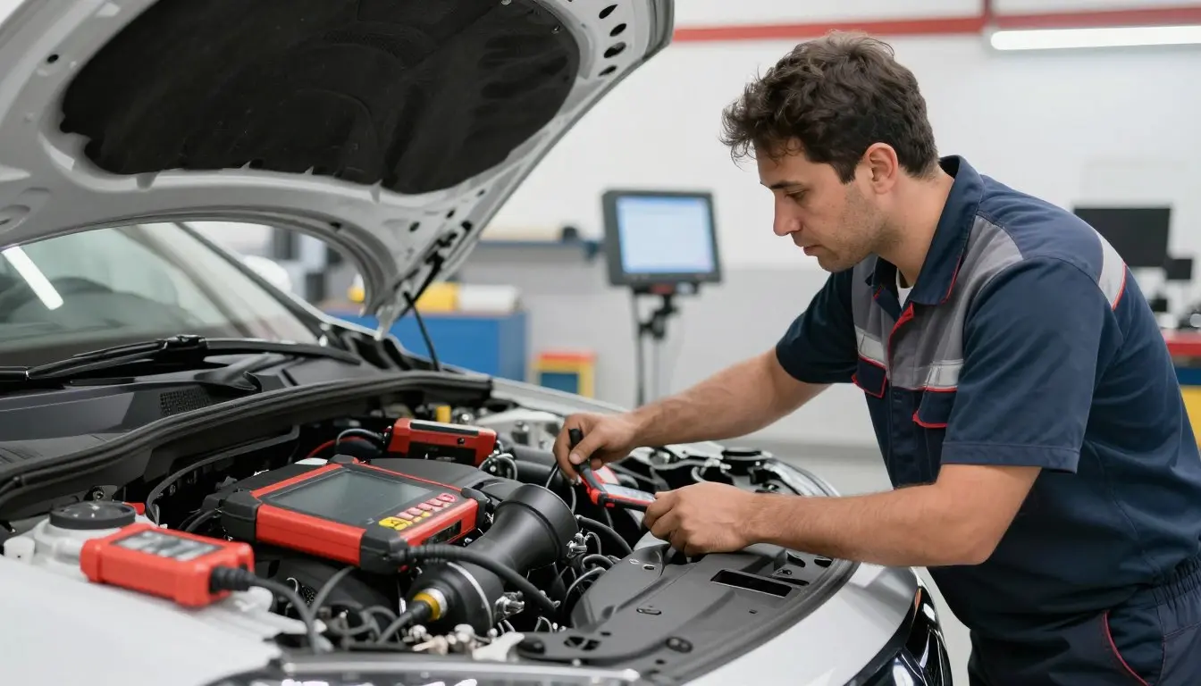 Mechanic diagnosing car horn problems in Dubai workshop