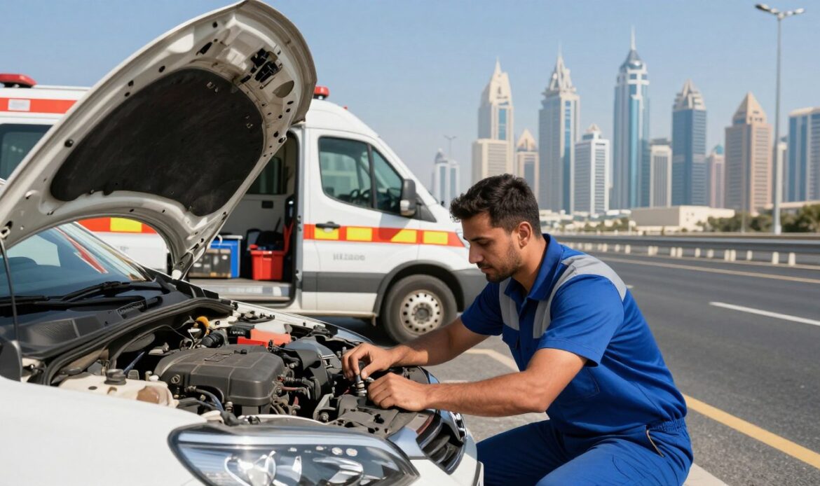 A busy Dubai highway during the day, showcasing an emergency roadside assistance scene. In the foreground, a friendly technician in smart work attire is kneeling next to a car with its hood open, repairing an engine. The technician has a focused expression, emphasizing dedication and professionalism. In the middle ground, a well-equipped roadside assistance vehicle with bright reflective markings is parked safely, with tools and equipment clearly visible. The background features iconic Dubai skyline, with modern skyscrapers under a clear blue sky, adding to the city's vibrancy. The lighting is bright and sunny, creating an optimistic atmosphere of quick response and reliability. The angle captures the scene dynamically, emphasizing the urgency of assistance while conveying professionalism and efficiency. A busy Dubai highway during the day, showcasing an emergency roadside assistance scene. In the foreground, a friendly technician in smart work attire is kneeling next to a car with its hood open, repairing an engine. The technician has a focused expression, emphasizing dedication and professionalism. In the middle ground, a well-equipped roadside assistance vehicle with bright reflective markings is parked safely, with tools and equipment clearly visible. The background features iconic Dubai skyline, with modern skyscrapers under a clear blue sky, adding to the city's vibrancy. The lighting is bright and sunny, creating an optimistic atmosphere of quick response and reliability. The angle captures the scene dynamically, emphasizing the urgency of assistance while conveying professionalism and efficiency.