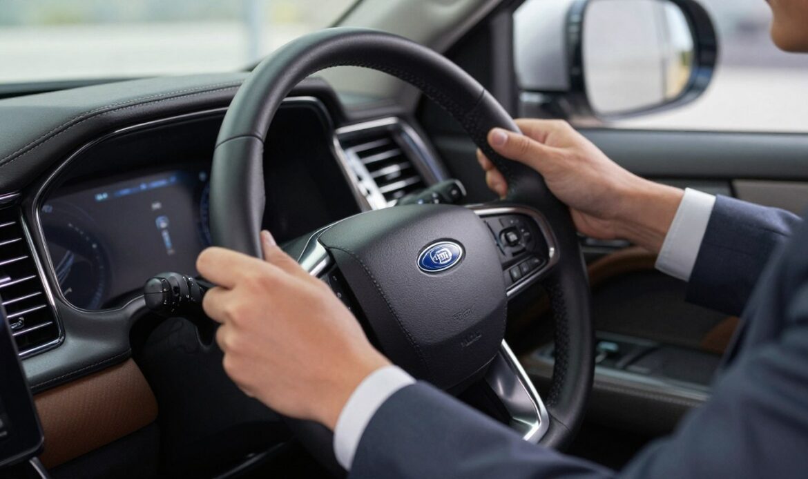 A close-up scene of a person in professional business attire adjusting the steering wheel in a 2025 Ford Expedition. The foreground features the hands of the individual gripping the steering wheel, highlighting the adjustment mechanism, with visible buttons and levers. In the middle ground, display the dashboard of the vehicle, with soft lighting that emphasizes the modern design and metallic finishes. The background should include a well-lit interior of the Expedition, showcasing plush seating and high-tech features, conveying a contemporary and sophisticated atmosphere. Use natural lighting to enhance the realism, with a focus on details such as texture and reflections. The angle should be slightly above eye level, providing a clear view of the adjustment process while ensuring a professional and educational mood. A close-up scene of a person in professional business attire adjusting the steering wheel in a 2025 Ford Expedition. The foreground features the hands of the individual gripping the steering wheel, highlighting the adjustment mechanism, with visible buttons and levers. In the middle ground, display the dashboard of the vehicle, with soft lighting that emphasizes the modern design and metallic finishes. The background should include a well-lit interior of the Expedition, showcasing plush seating and high-tech features, conveying a contemporary and sophisticated atmosphere. Use natural lighting to enhance the realism, with a focus on details such as texture and reflections. The angle should be slightly above eye level, providing a clear view of the adjustment process while ensuring a professional and educational mood.