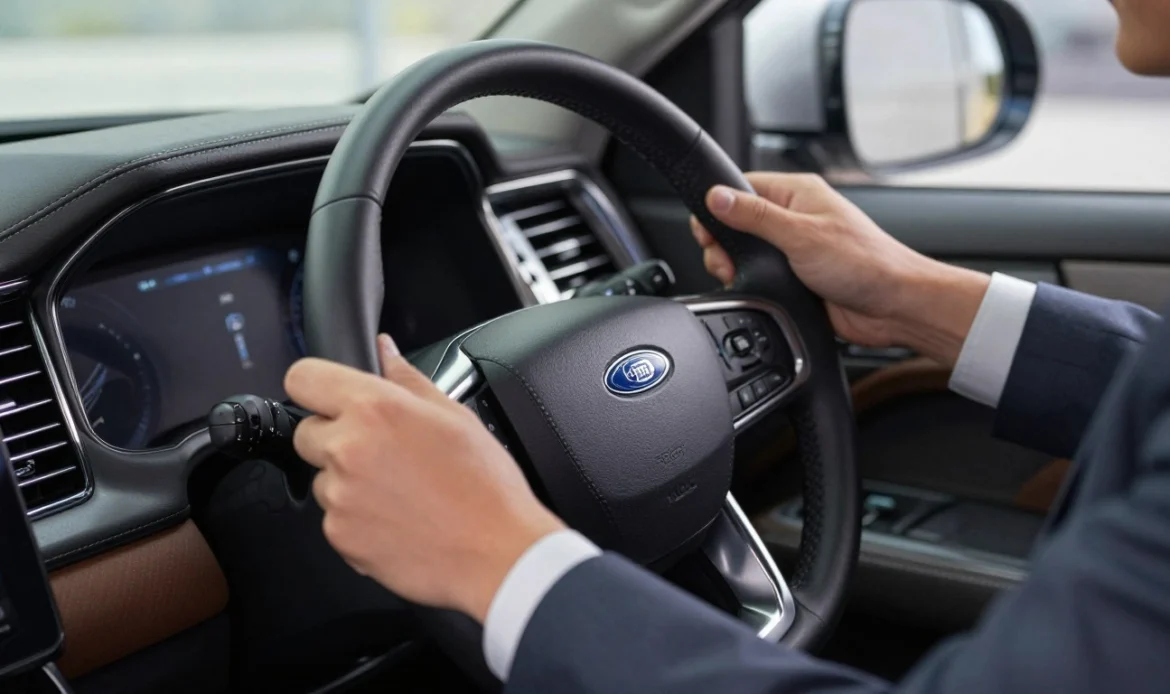 A close-up scene of a person in professional business attire adjusting the steering wheel in a 2025 Ford Expedition. The foreground features the hands of the individual gripping the steering wheel, highlighting the adjustment mechanism, with visible buttons and levers. In the middle ground, display the dashboard of the vehicle, with soft lighting that emphasizes the modern design and metallic finishes. The background should include a well-lit interior of the Expedition, showcasing plush seating and high-tech features, conveying a contemporary and sophisticated atmosphere. Use natural lighting to enhance the realism, with a focus on details such as texture and reflections. The angle should be slightly above eye level, providing a clear view of the adjustment process while ensuring a professional and educational mood. A close-up scene of a person in professional business attire adjusting the steering wheel in a 2025 Ford Expedition. The foreground features the hands of the individual gripping the steering wheel, highlighting the adjustment mechanism, with visible buttons and levers. In the middle ground, display the dashboard of the vehicle, with soft lighting that emphasizes the modern design and metallic finishes. The background should include a well-lit interior of the Expedition, showcasing plush seating and high-tech features, conveying a contemporary and sophisticated atmosphere. Use natural lighting to enhance the realism, with a focus on details such as texture and reflections. The angle should be slightly above eye level, providing a clear view of the adjustment process while ensuring a professional and educational mood.