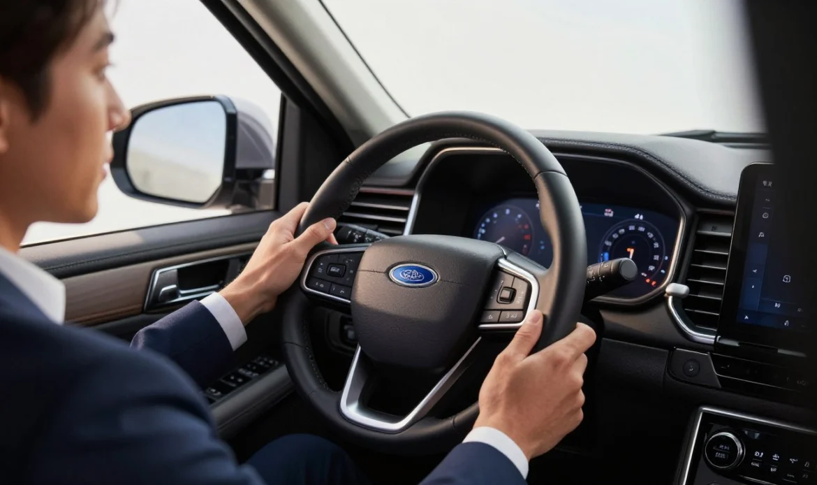 A close-up view inside a 2025 Ford Expedition focusing on a driver adjusting the steering wheel angle. The driver, dressed in professional business attire, is positioned in the foreground, hands on the steering wheel with a slight concentration on their face. The steering wheel features modern controls and adjustment buttons, meticulously designed to highlight functionality without blocking the infotainment display in the background. The lighting is bright and natural, streaming in from the driver's side window, creating a warm, inviting atmosphere. The dashboard displays are softly lit with touch-sensitive icons visible, adding a touch of high-tech sophistication. The overall composition emphasizes clarity and precision, reflecting the process of making adjustments with ease and comfort inside a luxury SUV. A close-up view inside a 2025 Ford Expedition focusing on a driver adjusting the steering wheel angle. The driver, dressed in professional business attire, is positioned in the foreground, hands on the steering wheel with a slight concentration on their face. The steering wheel features modern controls and adjustment buttons, meticulously designed to highlight functionality without blocking the infotainment display in the background. The lighting is bright and natural, streaming in from the driver's side window, creating a warm, inviting atmosphere. The dashboard displays are softly lit with touch-sensitive icons visible, adding a touch of high-tech sophistication. The overall composition emphasizes clarity and precision, reflecting the process of making adjustments with ease and comfort inside a luxury SUV.