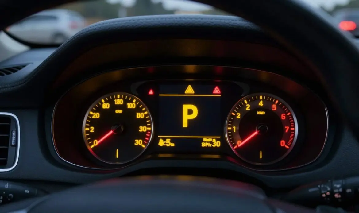 A close-up view of a car dashboard featuring park assist warning lights illuminated prominently, showcasing various warning symbols indicating a parking aid fault. The lights should glow in vivid yellow and red hues, creating a striking contrast against the dark, modern dashboard. In the foreground, the car’s gear shift and part of the steering wheel are visible, emphasizing the context of the driving experience. In the background, there is a blurred view of a parking lot, softly lit to enhance the focus on the dashboard. The atmosphere is tense yet informative, suggesting urgency while maintaining a sleek, professional appearance typical of high-end automobile interiors. The overall lighting is dim, with the warning lights providing the primary illumination, evoking a sense of caution and alertness. A close-up view of a car dashboard featuring park assist warning lights illuminated prominently, showcasing various warning symbols indicating a parking aid fault. The lights should glow in vivid yellow and red hues, creating a striking contrast against the dark, modern dashboard. In the foreground, the car’s gear shift and part of the steering wheel are visible, emphasizing the context of the driving experience. In the background, there is a blurred view of a parking lot, softly lit to enhance the focus on the dashboard. The atmosphere is tense yet informative, suggesting urgency while maintaining a sleek, professional appearance typical of high-end automobile interiors. The overall lighting is dim, with the warning lights providing the primary illumination, evoking a sense of caution and alertness.