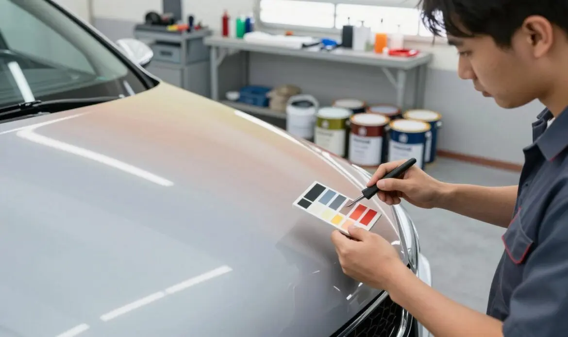 A close-up view of a car, partially repainted, showcasing different color swatches on its body. The foreground features a professional mechanic in a clean uniform inspecting the paintwork with a color matching tool. In the middle ground, paint cans in various shades are neatly arranged, suggesting a variety of options available for customization. In the background, an auto body shop with tools and equipment visible, under bright, natural lighting to evoke a sense of professionalism. The mood is informative and engaging, conveying a realistic benchmark of what car repainting entails in terms of cost and color choices. Use a wide-angle lens to capture the depth of the garage setting, ensuring sharp focus on the car and its details. A close-up view of a car, partially repainted, showcasing different color swatches on its body. The foreground features a professional mechanic in a clean uniform inspecting the paintwork with a color matching tool. In the middle ground, paint cans in various shades are neatly arranged, suggesting a variety of options available for customization. In the background, an auto body shop with tools and equipment visible, under bright, natural lighting to evoke a sense of professionalism. The mood is informative and engaging, conveying a realistic benchmark of what car repainting entails in terms of cost and color choices. Use a wide-angle lens to capture the depth of the garage setting, ensuring sharp focus on the car and its details.