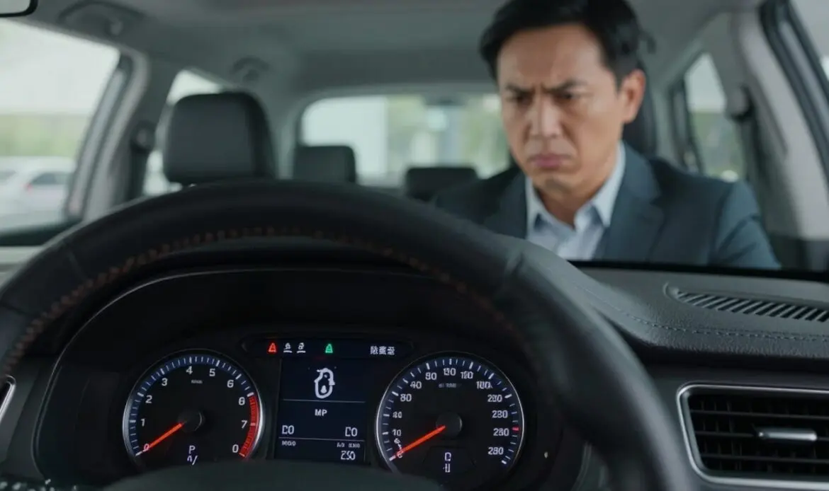A close-up view of a modern vehicle dashboard displaying a warning light indicating a sensor malfunction. The foreground features clear, detailed gauges and a digital screen showing a parking assist error symbol. In the middle, a concerned driver, dressed in modest business attire, looks towards the dashboard with a furrowed brow. The background is a blurred interior of a car, subtly conveying the sense of urgency and frustration. The lighting is soft yet focused on the dashboard, creating a tense atmosphere. The angle of the perspective suggests a point of view from the front passenger seat, emphasizing the seriousness of the situation without any distractions or additional elements. A close-up view of a modern vehicle dashboard displaying a warning light indicating a sensor malfunction. The foreground features clear, detailed gauges and a digital screen showing a parking assist error symbol. In the middle, a concerned driver, dressed in modest business attire, looks towards the dashboard with a furrowed brow. The background is a blurred interior of a car, subtly conveying the sense of urgency and frustration. The lighting is soft yet focused on the dashboard, creating a tense atmosphere. The angle of the perspective suggests a point of view from the front passenger seat, emphasizing the seriousness of the situation without any distractions or additional elements.