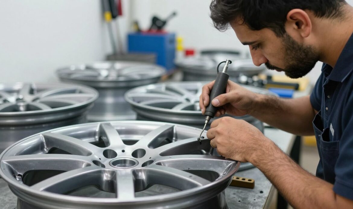 A close-up view of a skilled technician carefully restoring a set of car rims in a modern workshop in Dubai. The foreground showcases the technician wearing professional attire, focused on expertly repairing the rims with specialized tools. In the middle ground, the rims exhibit visible signs of curb rash and deep scrapes, with reflections of bright overhead lights illuminating the polished surfaces. The background features a clean and organized workspace, revealing various tools and equipment related to rim restoration. The atmosphere is industrious yet calm, with soft, diffused lighting highlighting the intricate details of the rim's restoration process. Shot with a shallow depth of field to emphasize the technician’s craftsmanship. A close-up view of a skilled technician carefully restoring a set of car rims in a modern workshop in Dubai. The foreground showcases the technician wearing professional attire, focused on expertly repairing the rims with specialized tools. In the middle ground, the rims exhibit visible signs of curb rash and deep scrapes, with reflections of bright overhead lights illuminating the polished surfaces. The background features a clean and organized workspace, revealing various tools and equipment related to rim restoration. The atmosphere is industrious yet calm, with soft, diffused lighting highlighting the intricate details of the rim's restoration process. Shot with a shallow depth of field to emphasize the technician’s craftsmanship.
