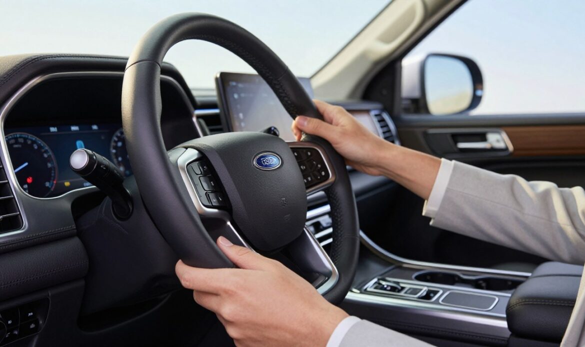 A close-up view of the interior of a 2025 Ford Expedition, focusing on the steering column adjustment controls. The tilt and telescopic steering wheel should be depicted in the foreground, showcasing the adjustment lever in action. Highlight the luxurious textures of the dashboard and steering wheel, with soft leather and metallic accents. In the middle ground, a pair of hands, clad in professional business attire, is gently adjusting the steering wheel. The background should softly fade, featuring the interior elements of the Expedition, like the modern infotainment system and ambient lighting. Bright, natural lighting floods the scene, creating a clear and inviting atmosphere, with a slightly angled perspective that emphasizes the adjustability of the steering wheel. A close-up view of the interior of a 2025 Ford Expedition, focusing on the steering column adjustment controls. The tilt and telescopic steering wheel should be depicted in the foreground, showcasing the adjustment lever in action. Highlight the luxurious textures of the dashboard and steering wheel, with soft leather and metallic accents. In the middle ground, a pair of hands, clad in professional business attire, is gently adjusting the steering wheel. The background should softly fade, featuring the interior elements of the Expedition, like the modern infotainment system and ambient lighting. Bright, natural lighting floods the scene, creating a clear and inviting atmosphere, with a slightly angled perspective that emphasizes the adjustability of the steering wheel.