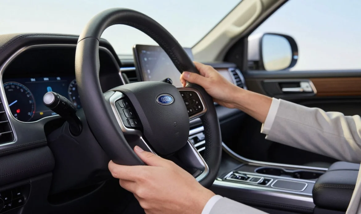 A close-up view of the interior of a 2025 Ford Expedition, focusing on the steering column adjustment controls. The tilt and telescopic steering wheel should be depicted in the foreground, showcasing the adjustment lever in action. Highlight the luxurious textures of the dashboard and steering wheel, with soft leather and metallic accents. In the middle ground, a pair of hands, clad in professional business attire, is gently adjusting the steering wheel. The background should softly fade, featuring the interior elements of the Expedition, like the modern infotainment system and ambient lighting. Bright, natural lighting floods the scene, creating a clear and inviting atmosphere, with a slightly angled perspective that emphasizes the adjustability of the steering wheel. A close-up view of the interior of a 2025 Ford Expedition, focusing on the steering column adjustment controls. The tilt and telescopic steering wheel should be depicted in the foreground, showcasing the adjustment lever in action. Highlight the luxurious textures of the dashboard and steering wheel, with soft leather and metallic accents. In the middle ground, a pair of hands, clad in professional business attire, is gently adjusting the steering wheel. The background should softly fade, featuring the interior elements of the Expedition, like the modern infotainment system and ambient lighting. Bright, natural lighting floods the scene, creating a clear and inviting atmosphere, with a slightly angled perspective that emphasizes the adjustability of the steering wheel.