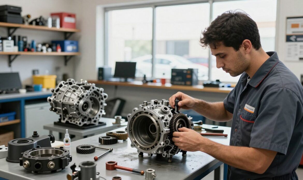A detailed car transmission repair scene inside a well-lit workshop. In the foreground, a skilled technician in professional business attire is focused on disassembling a car transmission, surrounded by various tools and parts. The middle ground features a partially dismantled transmission on a workbench, with gears and components organized for easy access. In the background, shelves filled with automotive parts and equipment create an informative atmosphere, while a large window allows natural light to flood the space, enhancing the sense of professionalism. The atmosphere conveys an air of expertise and precision, showcasing the importance of skilled repair services in Dubai. A detailed car transmission repair scene inside a well-lit workshop. In the foreground, a skilled technician in professional business attire is focused on disassembling a car transmission, surrounded by various tools and parts. The middle ground features a partially dismantled transmission on a workbench, with gears and components organized for easy access. In the background, shelves filled with automotive parts and equipment create an informative atmosphere, while a large window allows natural light to flood the space, enhancing the sense of professionalism. The atmosphere conveys an air of expertise and precision, showcasing the importance of skilled repair services in Dubai.