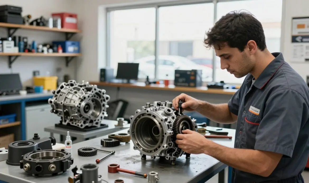 A detailed car transmission repair scene inside a well-lit workshop. In the foreground, a skilled technician in professional business attire is focused on disassembling a car transmission, surrounded by various tools and parts. The middle ground features a partially dismantled transmission on a workbench, with gears and components organized for easy access. In the background, shelves filled with automotive parts and equipment create an informative atmosphere, while a large window allows natural light to flood the space, enhancing the sense of professionalism. The atmosphere conveys an air of expertise and precision, showcasing the importance of skilled repair services in Dubai. A detailed car transmission repair scene inside a well-lit workshop. In the foreground, a skilled technician in professional business attire is focused on disassembling a car transmission, surrounded by various tools and parts. The middle ground features a partially dismantled transmission on a workbench, with gears and components organized for easy access. In the background, shelves filled with automotive parts and equipment create an informative atmosphere, while a large window allows natural light to flood the space, enhancing the sense of professionalism. The atmosphere conveys an air of expertise and precision, showcasing the importance of skilled repair services in Dubai.