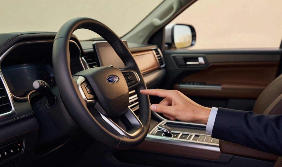 A detailed interior view of the driver’s seat in a 2025 Ford Expedition, focusing on the steering wheel while highlighting the adjusting mechanism for tilt and telescopic features. In the foreground, show a close-up of the sleek steering wheel, with buttons and levers visible for adjustment. In the middle ground, a driver's hand reaching towards the adjustment lever, wearing professional attire. The background should subtly include the dashboard and seats, ensuring the cabin ambiance is modern and spacious. The lighting is warm and inviting, emanating from the vehicle's interior lights, accentuating the texture of the materials used in the cabin. The angle should be from the driver’s perspective, creating an engaging and informative atmosphere. A detailed interior view of the driver’s seat in a 2025 Ford Expedition, focusing on the steering wheel while highlighting the adjusting mechanism for tilt and telescopic features. In the foreground, show a close-up of the sleek steering wheel, with buttons and levers visible for adjustment. In the middle ground, a driver's hand reaching towards the adjustment lever, wearing professional attire. The background should subtly include the dashboard and seats, ensuring the cabin ambiance is modern and spacious. The lighting is warm and inviting, emanating from the vehicle's interior lights, accentuating the texture of the materials used in the cabin. The angle should be from the driver’s perspective, creating an engaging and informative atmosphere.