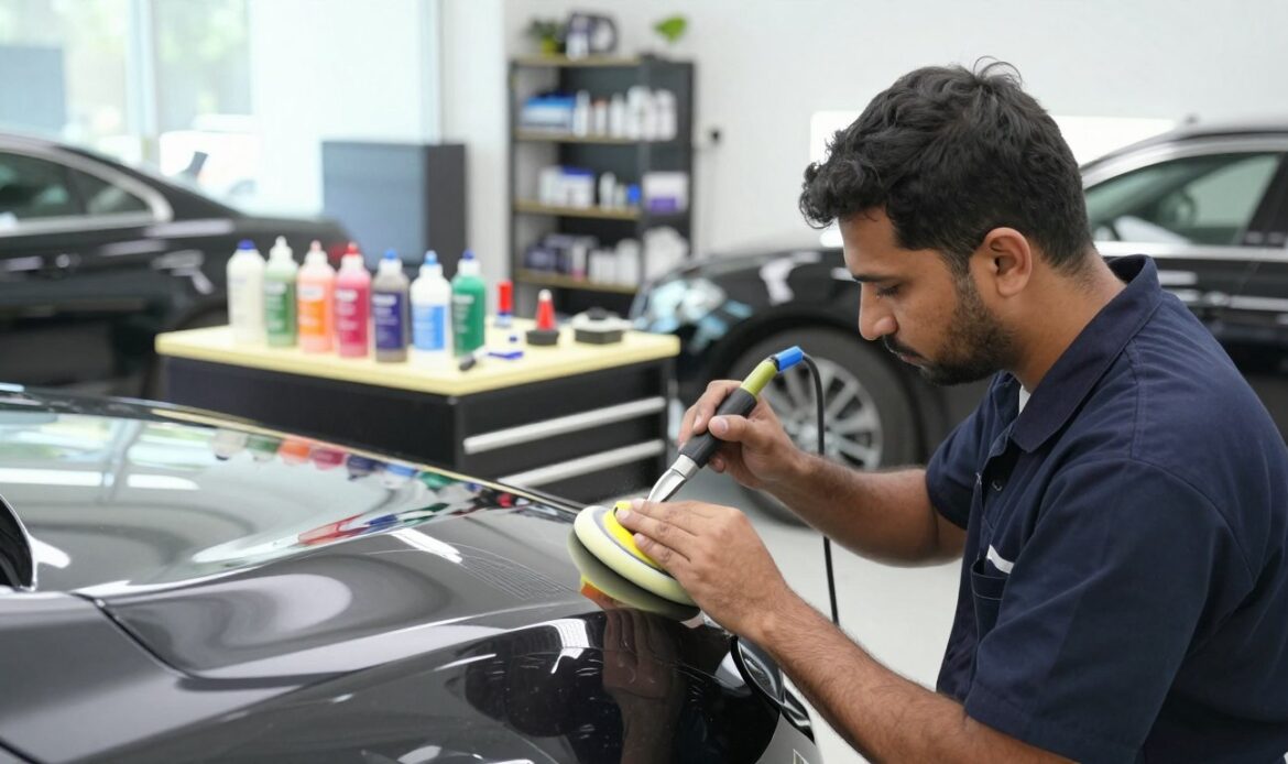 A detailed scene capturing the process of repairing car scratches in a high-tech garage in the UAE. In the foreground, a skilled technician in a professional uniform focuses on buffing a car's scratched door, showcasing the intricate tools and equipment used in the repair. In the middle, illuminated workbenches display various polishing compounds and detailing tools, conveying a sense of precision and care. The background features luxury cars and industrial shelving filled with supplies, subtly emphasizing the upscale nature of automotive services in the UAE. Bright, natural lighting streams through large windows, creating a clean, professional atmosphere. The mood is informative and focused, highlighting the importance of quality repair work and the time investment required for thorough scratch repair. A detailed scene capturing the process of repairing car scratches in a high-tech garage in the UAE. In the foreground, a skilled technician in a professional uniform focuses on buffing a car's scratched door, showcasing the intricate tools and equipment used in the repair. In the middle, illuminated workbenches display various polishing compounds and detailing tools, conveying a sense of precision and care. The background features luxury cars and industrial shelving filled with supplies, subtly emphasizing the upscale nature of automotive services in the UAE. Bright, natural lighting streams through large windows, creating a clean, professional atmosphere. The mood is informative and focused, highlighting the importance of quality repair work and the time investment required for thorough scratch repair.