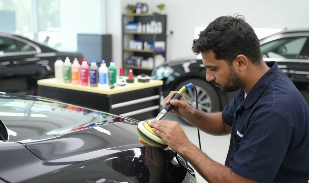 A detailed scene capturing the process of repairing car scratches in a high-tech garage in the UAE. In the foreground, a skilled technician in a professional uniform focuses on buffing a car's scratched door, showcasing the intricate tools and equipment used in the repair. In the middle, illuminated workbenches display various polishing compounds and detailing tools, conveying a sense of precision and care. The background features luxury cars and industrial shelving filled with supplies, subtly emphasizing the upscale nature of automotive services in the UAE. Bright, natural lighting streams through large windows, creating a clean, professional atmosphere. The mood is informative and focused, highlighting the importance of quality repair work and the time investment required for thorough scratch repair. A detailed scene capturing the process of repairing car scratches in a high-tech garage in the UAE. In the foreground, a skilled technician in a professional uniform focuses on buffing a car's scratched door, showcasing the intricate tools and equipment used in the repair. In the middle, illuminated workbenches display various polishing compounds and detailing tools, conveying a sense of precision and care. The background features luxury cars and industrial shelving filled with supplies, subtly emphasizing the upscale nature of automotive services in the UAE. Bright, natural lighting streams through large windows, creating a clean, professional atmosphere. The mood is informative and focused, highlighting the importance of quality repair work and the time investment required for thorough scratch repair.