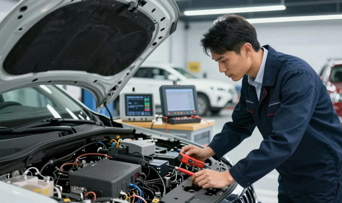 A detailed scene illustrating a mechanic troubleshooting a vehicle's blind spot collision warning system. In the foreground, the mechanic, dressed in professional business attire, is examining an open car hood, focusing on electronic components and wiring associated with the collision warning system. The mechanic is using diagnostic tools and appears concentrated. In the middle ground, tools and diagnostic equipment are neatly arranged on a workbench, highlighting the technical aspect of the repair process. The background features a well-lit, modern auto repair shop with various vehicles in various states of repair. The lighting is bright and clinical, emphasizing clarity and focus on the task. The overall atmosphere conveys a sense of professionalism and diligence in handling automotive technology. A detailed scene illustrating a mechanic troubleshooting a vehicle's blind spot collision warning system. In the foreground, the mechanic, dressed in professional business attire, is examining an open car hood, focusing on electronic components and wiring associated with the collision warning system. The mechanic is using diagnostic tools and appears concentrated. In the middle ground, tools and diagnostic equipment are neatly arranged on a workbench, highlighting the technical aspect of the repair process. The background features a well-lit, modern auto repair shop with various vehicles in various states of repair. The lighting is bright and clinical, emphasizing clarity and focus on the task. The overall atmosphere conveys a sense of professionalism and diligence in handling automotive technology.