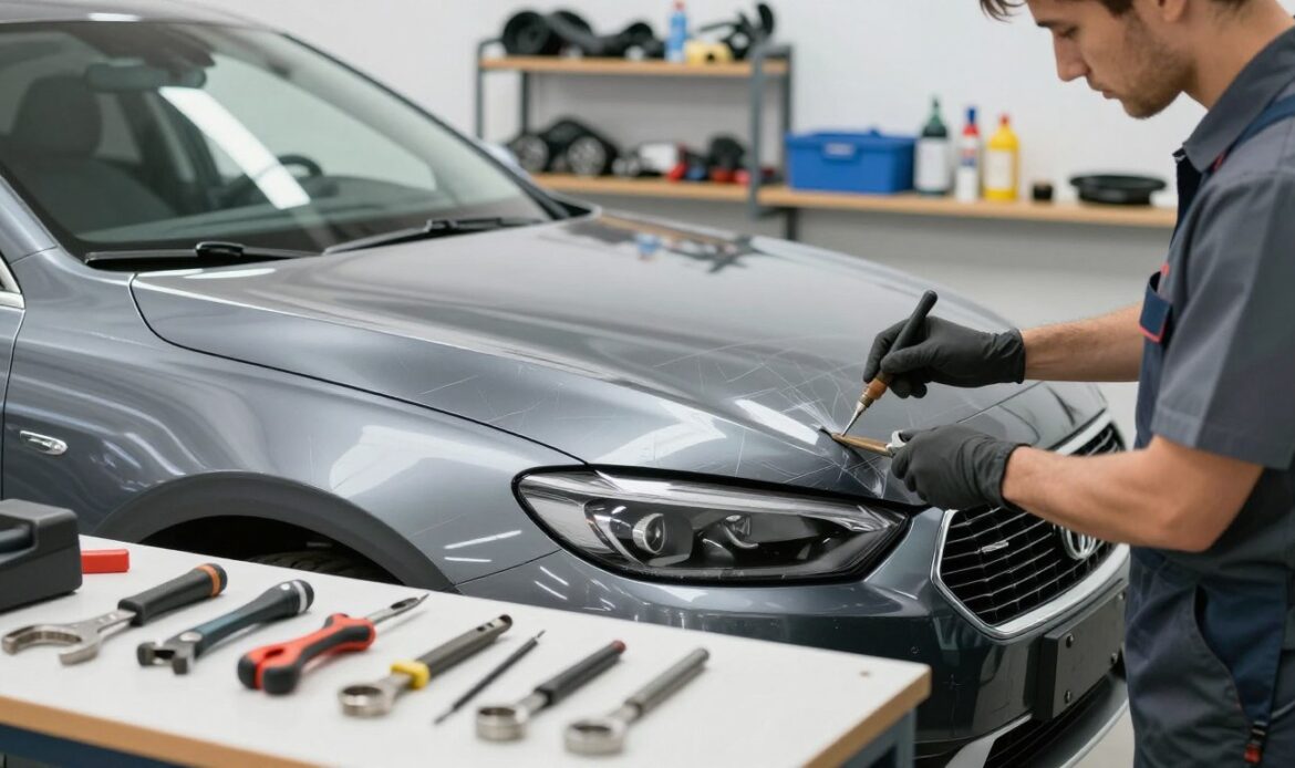 A detailed visual of a car repair shop focusing on scratched car repairs. In the foreground, showcase a well-lit workbench with a variety of professional tools used for car detailing and repair. In the middle, feature a close-up of a car hood with visible scratches, emphasizing the repair process with a technician in professional business attire examining the damage. The background should depict a clean, organized garage environment with shelves holding car parts and repair supplies. Soft, natural lighting should illuminate the scene, with a slight blur effect towards the edges to draw attention to the car. The atmosphere should feel focused and professional, conveying a sense of expertise in automotive repair. A detailed visual of a car repair shop focusing on scratched car repairs. In the foreground, showcase a well-lit workbench with a variety of professional tools used for car detailing and repair. In the middle, feature a close-up of a car hood with visible scratches, emphasizing the repair process with a technician in professional business attire examining the damage. The background should depict a clean, organized garage environment with shelves holding car parts and repair supplies. Soft, natural lighting should illuminate the scene, with a slight blur effect towards the edges to draw attention to the car. The atmosphere should feel focused and professional, conveying a sense of expertise in automotive repair.