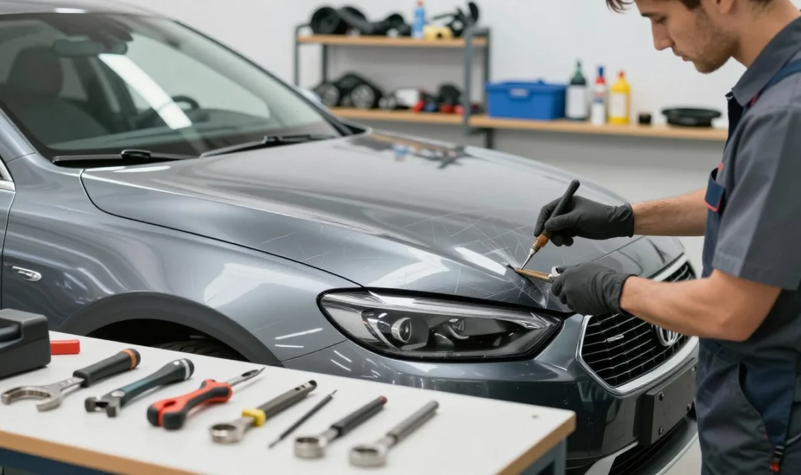 A detailed visual of a car repair shop focusing on scratched car repairs. In the foreground, showcase a well-lit workbench with a variety of professional tools used for car detailing and repair. In the middle, feature a close-up of a car hood with visible scratches, emphasizing the repair process with a technician in professional business attire examining the damage. The background should depict a clean, organized garage environment with shelves holding car parts and repair supplies. Soft, natural lighting should illuminate the scene, with a slight blur effect towards the edges to draw attention to the car. The atmosphere should feel focused and professional, conveying a sense of expertise in automotive repair. A detailed visual of a car repair shop focusing on scratched car repairs. In the foreground, showcase a well-lit workbench with a variety of professional tools used for car detailing and repair. In the middle, feature a close-up of a car hood with visible scratches, emphasizing the repair process with a technician in professional business attire examining the damage. The background should depict a clean, organized garage environment with shelves holding car parts and repair supplies. Soft, natural lighting should illuminate the scene, with a slight blur effect towards the edges to draw attention to the car. The atmosphere should feel focused and professional, conveying a sense of expertise in automotive repair.