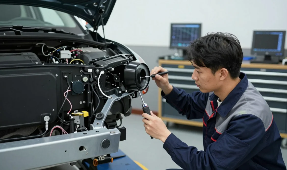 A detailed workspace setting focused on fixing a blind spot collision warning (BCW) system. In the foreground, a skilled technician in professional work attire is carefully inspecting a car’s rearview mirror and side sensors, using specialized tools. The technician is concentrated, demonstrating diligence and expertise. In the middle ground, a partially disassembled vehicle lies on a lift, revealing intricate wiring and sensor components that show the complexity of the BCW system. The background includes organized tool cabinets and diagnostic equipment, with soft workshop lighting creating a focused and industrious atmosphere. The angle captures both the technician’s interaction with the vehicle and the complexity of the task at hand, emphasizing a sense of professionalism and technical precision. A detailed workspace setting focused on fixing a blind spot collision warning (BCW) system. In the foreground, a skilled technician in professional work attire is carefully inspecting a car’s rearview mirror and side sensors, using specialized tools. The technician is concentrated, demonstrating diligence and expertise. In the middle ground, a partially disassembled vehicle lies on a lift, revealing intricate wiring and sensor components that show the complexity of the BCW system. The background includes organized tool cabinets and diagnostic equipment, with soft workshop lighting creating a focused and industrious atmosphere. The angle captures both the technician’s interaction with the vehicle and the complexity of the task at hand, emphasizing a sense of professionalism and technical precision.