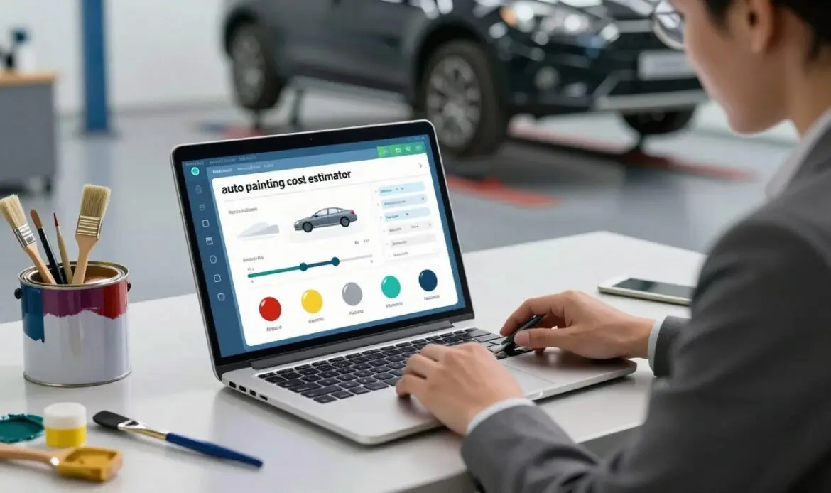 A digital illustration of an "auto painting cost estimator" depicted as an open laptop on a sleek table. The screen displays a colorful interactive interface with sliders and icons representing different car types and paint finishes. In the foreground, a professional in modest business attire, focused on the laptop, meticulously adjusts the cost parameters. In the middle ground, visual elements like paint cans and brushes are arranged neatly, showcasing a range of colors, hinting at the auto painting process. The background features a modern workshop setting with soft lighting highlighting the vehicle on an adjustable lift, creating a clean, efficient atmosphere. The mood is professional and informative, inviting viewers to engage with the concept of estimating paint costs for vehicles in the UAE. A digital illustration of an "auto painting cost estimator" depicted as an open laptop on a sleek table. The screen displays a colorful interactive interface with sliders and icons representing different car types and paint finishes. In the foreground, a professional in modest business attire, focused on the laptop, meticulously adjusts the cost parameters. In the middle ground, visual elements like paint cans and brushes are arranged neatly, showcasing a range of colors, hinting at the auto painting process. The background features a modern workshop setting with soft lighting highlighting the vehicle on an adjustable lift, creating a clean, efficient atmosphere. The mood is professional and informative, inviting viewers to engage with the concept of estimating paint costs for vehicles in the UAE.