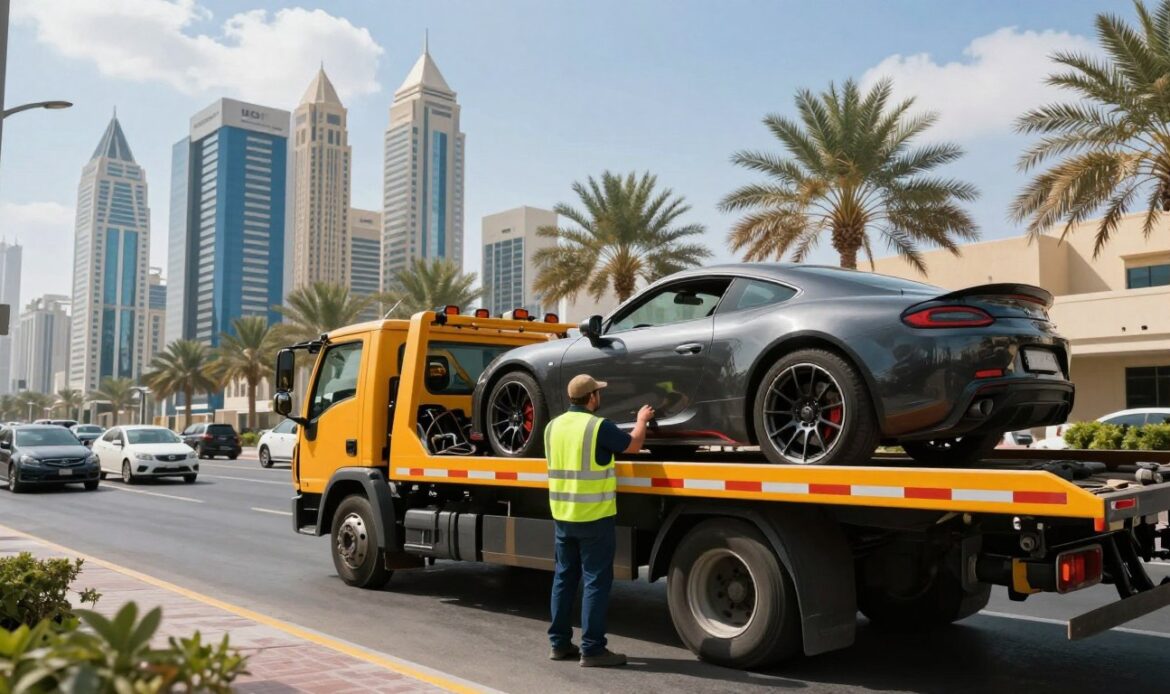 A dynamic scene depicting a car recovery operation in an urban setting, showcasing a brightly colored tow truck in the foreground. The tow truck, adorned with reflective stripes, is lifting a sports car with a flat tire, while a professional dressed in a bright safety vest stands next to it, examining the vehicle. In the middle ground, the busy streets of Dubai are visible, with iconic skyscrapers reflecting the sunlight, while palm trees add a tropical touch. The background features a clear blue sky with a few fluffy clouds, creating an overall atmosphere of efficiency and reliability. The lighting is bright and inviting, capturing the essence of a sunny day, and the angle of the image is slightly elevated, providing a comprehensive overview of the recovery scene. A dynamic scene depicting a car recovery operation in an urban setting, showcasing a brightly colored tow truck in the foreground. The tow truck, adorned with reflective stripes, is lifting a sports car with a flat tire, while a professional dressed in a bright safety vest stands next to it, examining the vehicle. In the middle ground, the busy streets of Dubai are visible, with iconic skyscrapers reflecting the sunlight, while palm trees add a tropical touch. The background features a clear blue sky with a few fluffy clouds, creating an overall atmosphere of efficiency and reliability. The lighting is bright and inviting, capturing the essence of a sunny day, and the angle of the image is slightly elevated, providing a comprehensive overview of the recovery scene.