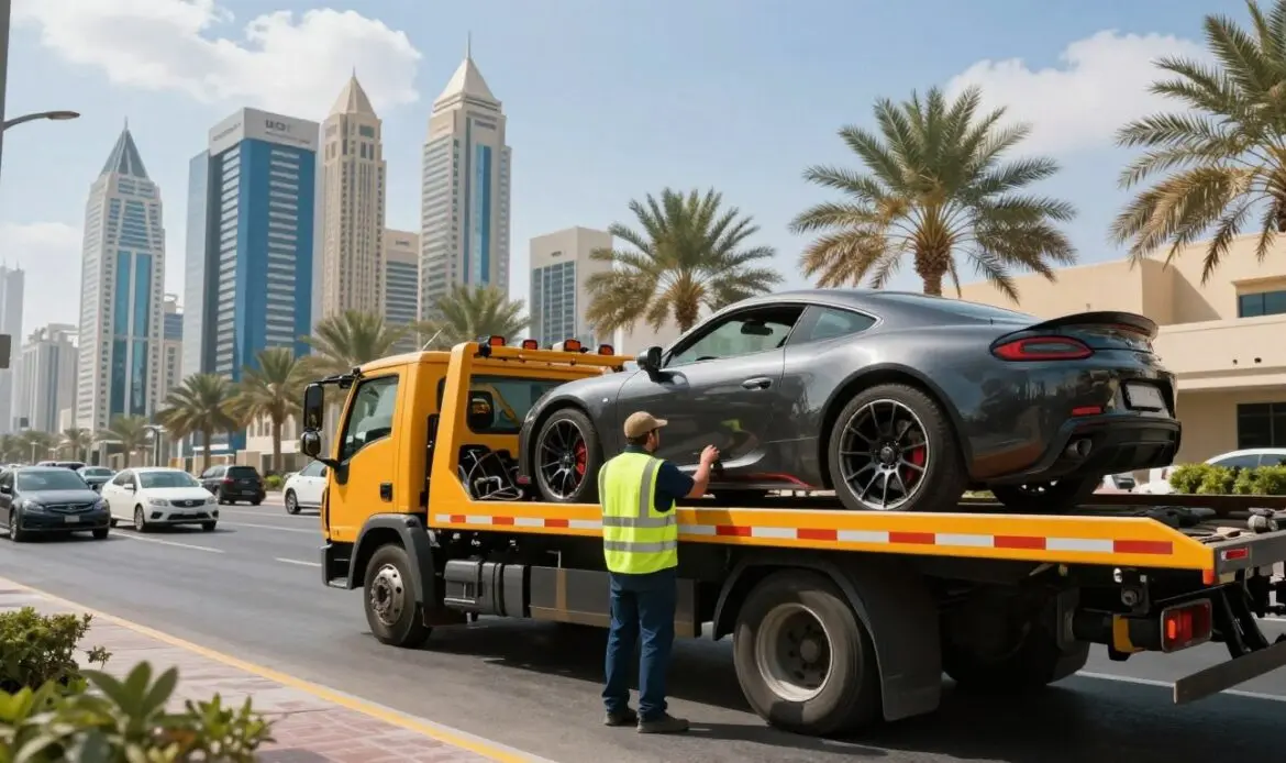 A dynamic scene depicting a car recovery operation in an urban setting, showcasing a brightly colored tow truck in the foreground. The tow truck, adorned with reflective stripes, is lifting a sports car with a flat tire, while a professional dressed in a bright safety vest stands next to it, examining the vehicle. In the middle ground, the busy streets of Dubai are visible, with iconic skyscrapers reflecting the sunlight, while palm trees add a tropical touch. The background features a clear blue sky with a few fluffy clouds, creating an overall atmosphere of efficiency and reliability. The lighting is bright and inviting, capturing the essence of a sunny day, and the angle of the image is slightly elevated, providing a comprehensive overview of the recovery scene. A dynamic scene depicting a car recovery operation in an urban setting, showcasing a brightly colored tow truck in the foreground. The tow truck, adorned with reflective stripes, is lifting a sports car with a flat tire, while a professional dressed in a bright safety vest stands next to it, examining the vehicle. In the middle ground, the busy streets of Dubai are visible, with iconic skyscrapers reflecting the sunlight, while palm trees add a tropical touch. The background features a clear blue sky with a few fluffy clouds, creating an overall atmosphere of efficiency and reliability. The lighting is bright and inviting, capturing the essence of a sunny day, and the angle of the image is slightly elevated, providing a comprehensive overview of the recovery scene.