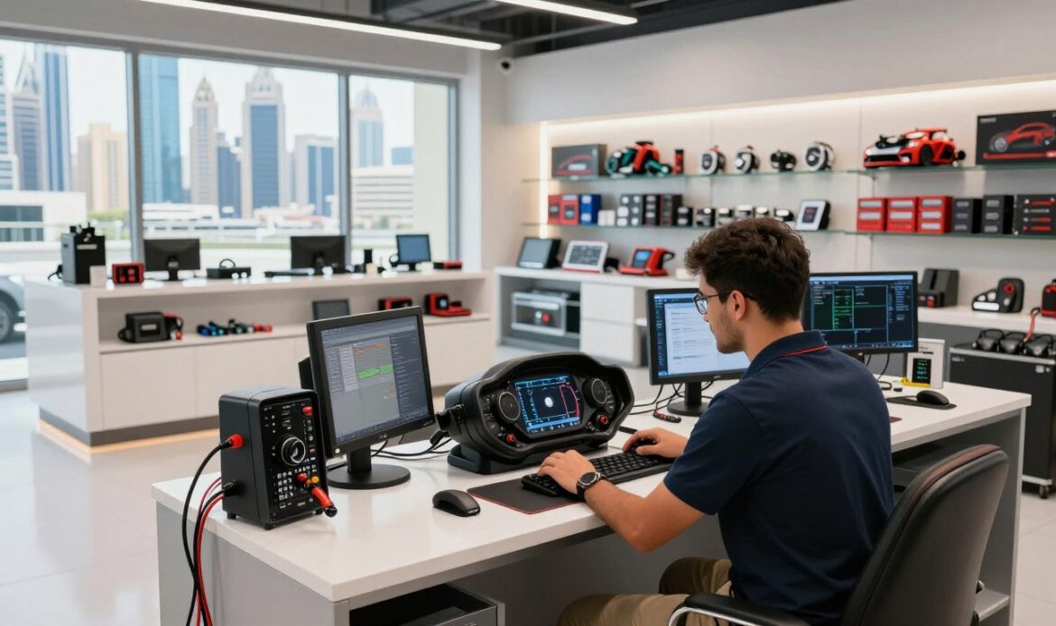 A modern ECU tuning shop in Dubai, showcasing a sleek, well-lit interior filled with high-tech automotive equipment. In the foreground, a professional technician in smart casual attire is examining a car's dashboard, surrounded by diagnostic tools and monitors displaying engine data. The middle ground features a polished reception area with an array of tuning parts and performance accessories on display. In the background, large windows reveal a vibrant Dubai skyline under bright daylight, adding a cosmopolitan feel to the atmosphere. The lighting is bright and inviting, emphasizing the clean and organized environment of the shop. The overall mood is professional and dynamic, reflecting the high standards of automotive service in Dubai. A modern ECU tuning shop in Dubai, showcasing a sleek, well-lit interior filled with high-tech automotive equipment. In the foreground, a professional technician in smart casual attire is examining a car's dashboard, surrounded by diagnostic tools and monitors displaying engine data. The middle ground features a polished reception area with an array of tuning parts and performance accessories on display. In the background, large windows reveal a vibrant Dubai skyline under bright daylight, adding a cosmopolitan feel to the atmosphere. The lighting is bright and inviting, emphasizing the clean and organized environment of the shop. The overall mood is professional and dynamic, reflecting the high standards of automotive service in Dubai.