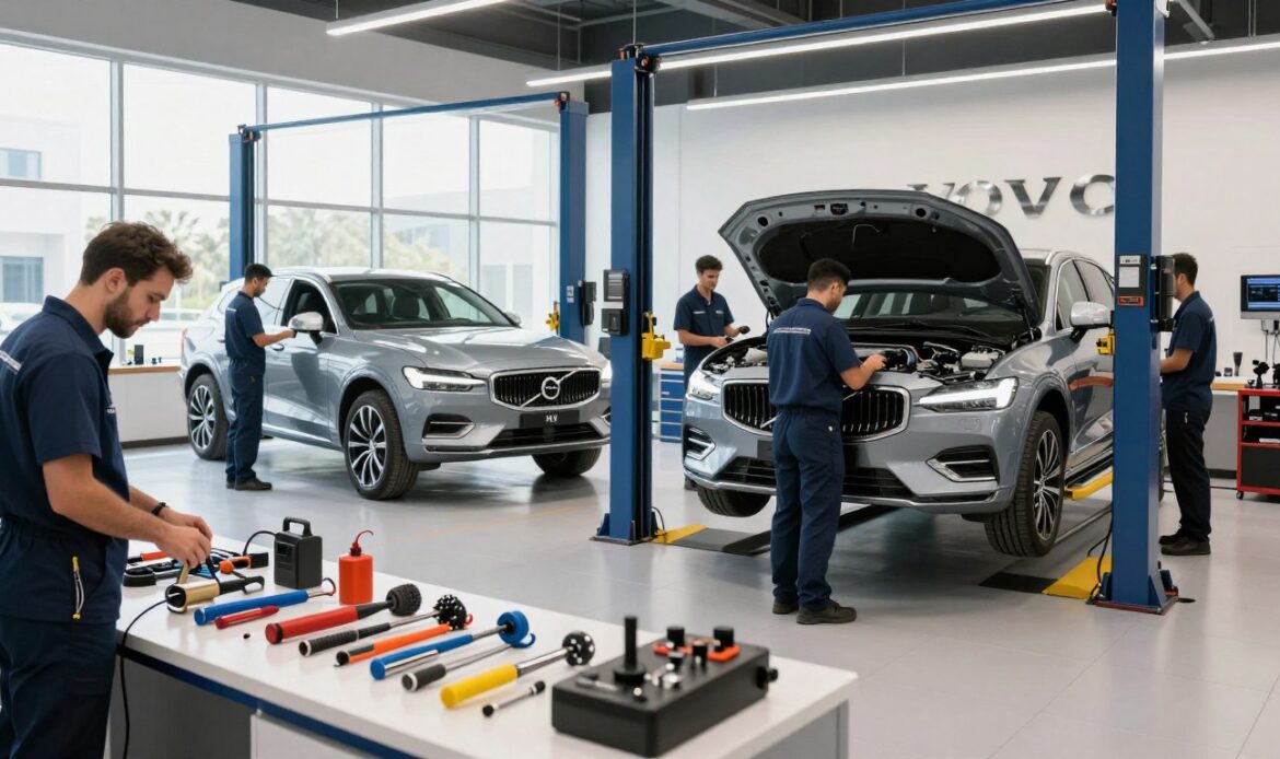 A modern Volvo car service workshop in Dubai, showcasing a sleek, well-maintained Volvo car on a hydraulic lift surrounded by highly skilled technicians in professional uniforms. The foreground features a vibrant display of service tools and equipment, highlighting precision instruments. In the middle ground, technicians are engaged in maintenance tasks, examining the engine and checking diagnostics, emphasizing expertise and attention to detail. The background shows a bright, airy service area with large windows allowing natural light to flood in, creating an inviting and professional atmosphere. The setting is clean and organized, with Volvo branding subtly integrated into the architecture. The lighting is bright and clear, capturing the essence of a premier auto care facility. A modern Volvo car service workshop in Dubai, showcasing a sleek, well-maintained Volvo car on a hydraulic lift surrounded by highly skilled technicians in professional uniforms. The foreground features a vibrant display of service tools and equipment, highlighting precision instruments. In the middle ground, technicians are engaged in maintenance tasks, examining the engine and checking diagnostics, emphasizing expertise and attention to detail. The background shows a bright, airy service area with large windows allowing natural light to flood in, creating an inviting and professional atmosphere. The setting is clean and organized, with Volvo branding subtly integrated into the architecture. The lighting is bright and clear, capturing the essence of a premier auto care facility.
