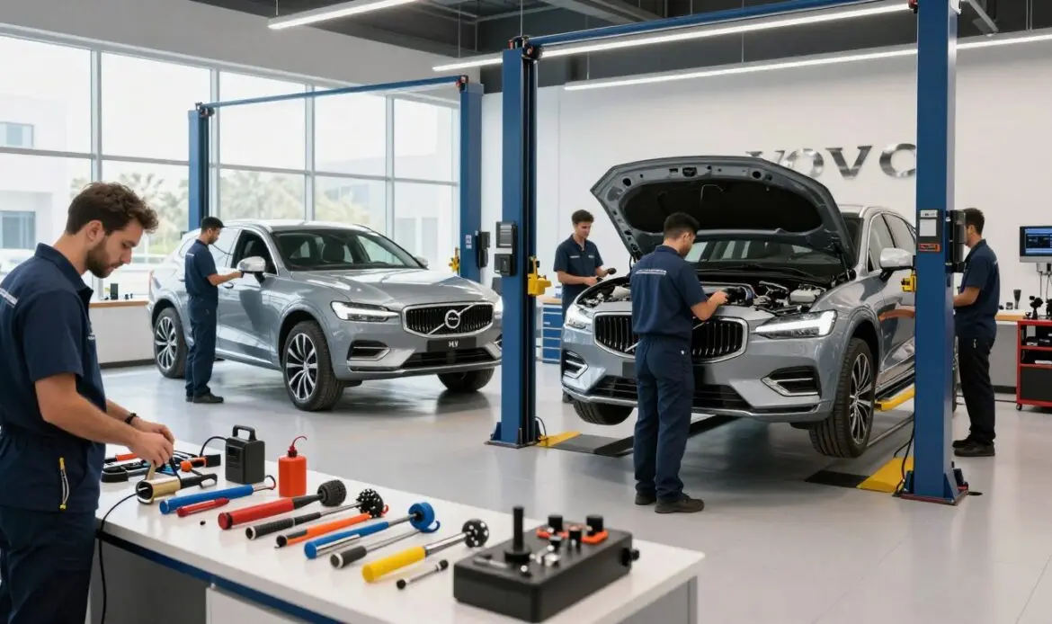 A modern Volvo car service workshop in Dubai, showcasing a sleek, well-maintained Volvo car on a hydraulic lift surrounded by highly skilled technicians in professional uniforms. The foreground features a vibrant display of service tools and equipment, highlighting precision instruments. In the middle ground, technicians are engaged in maintenance tasks, examining the engine and checking diagnostics, emphasizing expertise and attention to detail. The background shows a bright, airy service area with large windows allowing natural light to flood in, creating an inviting and professional atmosphere. The setting is clean and organized, with Volvo branding subtly integrated into the architecture. The lighting is bright and clear, capturing the essence of a premier auto care facility. A modern Volvo car service workshop in Dubai, showcasing a sleek, well-maintained Volvo car on a hydraulic lift surrounded by highly skilled technicians in professional uniforms. The foreground features a vibrant display of service tools and equipment, highlighting precision instruments. In the middle ground, technicians are engaged in maintenance tasks, examining the engine and checking diagnostics, emphasizing expertise and attention to detail. The background shows a bright, airy service area with large windows allowing natural light to flood in, creating an inviting and professional atmosphere. The setting is clean and organized, with Volvo branding subtly integrated into the architecture. The lighting is bright and clear, capturing the essence of a premier auto care facility.
