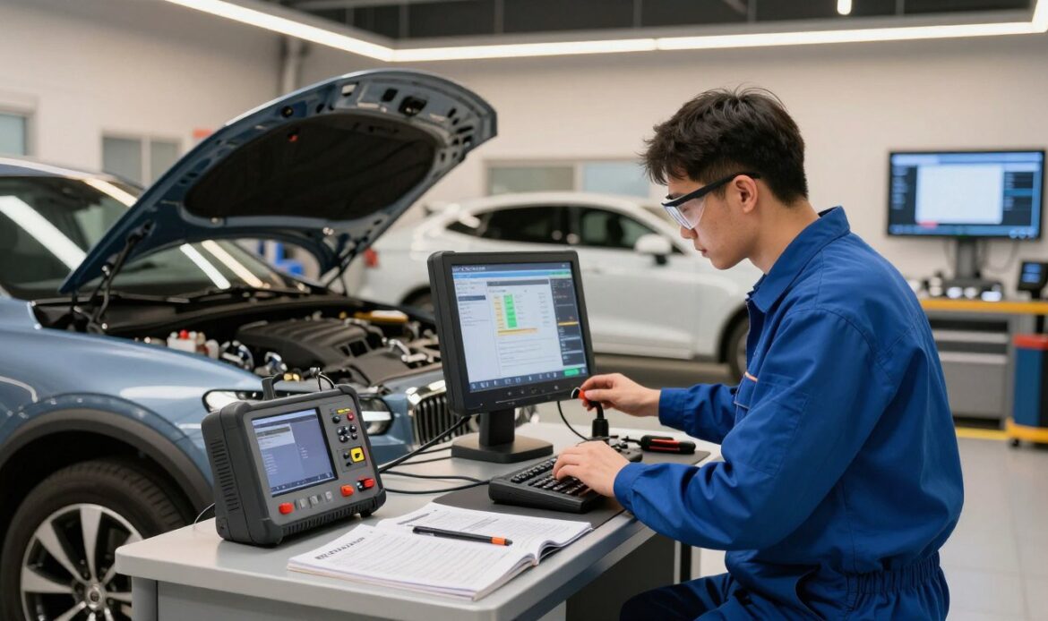 A modern automotive workshop specializing in Volvo diagnostics and repairs. In the foreground, show a skilled technician, wearing a blue uniform and safety goggles, closely examining a sophisticated diagnostic tool connected to a sleek, shiny Volvo car with its hood open. In the middle, various tools and equipment are clearly organized on a workbench, including electronic testing devices and repair manuals. The background features a well-lit garage with Volvo branding, showcasing other vehicles and diagnostic screens displaying error codes and system analyses. The atmosphere is professional and focused, illuminated by warm, bright overhead lights reflecting off clean surfaces, suggesting expertise and dedication to high-quality service. A modern automotive workshop specializing in Volvo diagnostics and repairs. In the foreground, show a skilled technician, wearing a blue uniform and safety goggles, closely examining a sophisticated diagnostic tool connected to a sleek, shiny Volvo car with its hood open. In the middle, various tools and equipment are clearly organized on a workbench, including electronic testing devices and repair manuals. The background features a well-lit garage with Volvo branding, showcasing other vehicles and diagnostic screens displaying error codes and system analyses. The atmosphere is professional and focused, illuminated by warm, bright overhead lights reflecting off clean surfaces, suggesting expertise and dedication to high-quality service.