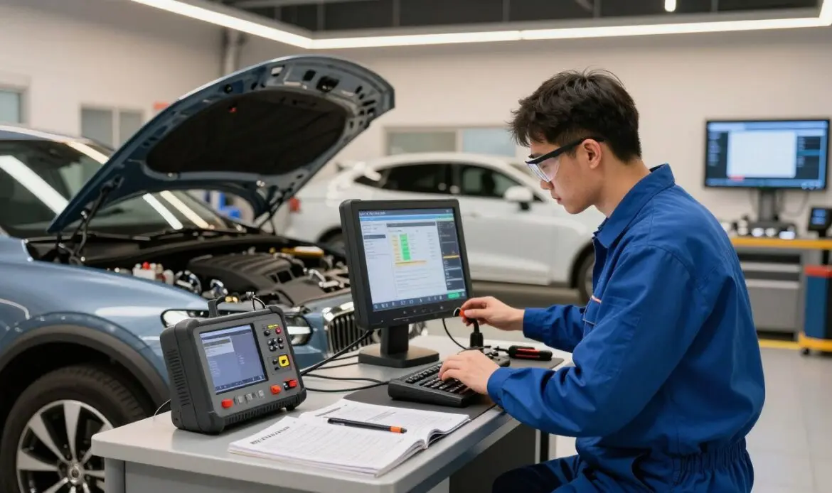 A modern automotive workshop specializing in Volvo diagnostics and repairs. In the foreground, show a skilled technician, wearing a blue uniform and safety goggles, closely examining a sophisticated diagnostic tool connected to a sleek, shiny Volvo car with its hood open. In the middle, various tools and equipment are clearly organized on a workbench, including electronic testing devices and repair manuals. The background features a well-lit garage with Volvo branding, showcasing other vehicles and diagnostic screens displaying error codes and system analyses. The atmosphere is professional and focused, illuminated by warm, bright overhead lights reflecting off clean surfaces, suggesting expertise and dedication to high-quality service. A modern automotive workshop specializing in Volvo diagnostics and repairs. In the foreground, show a skilled technician, wearing a blue uniform and safety goggles, closely examining a sophisticated diagnostic tool connected to a sleek, shiny Volvo car with its hood open. In the middle, various tools and equipment are clearly organized on a workbench, including electronic testing devices and repair manuals. The background features a well-lit garage with Volvo branding, showcasing other vehicles and diagnostic screens displaying error codes and system analyses. The atmosphere is professional and focused, illuminated by warm, bright overhead lights reflecting off clean surfaces, suggesting expertise and dedication to high-quality service.