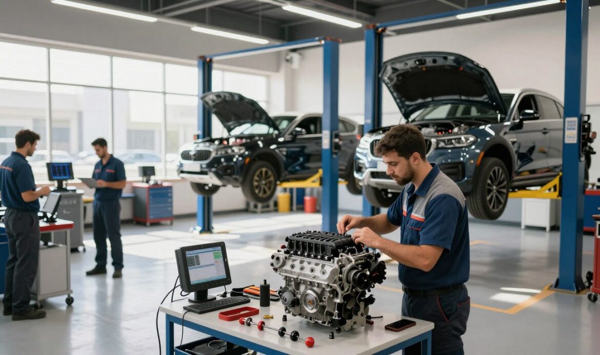A modern engine repair shop in Dubai, bustling with activity. In the foreground, a skilled mechanic in professional attire is carefully inspecting a high-performance engine on a workbench, surrounded by various tools and diagnostic equipment. The middle section showcases advanced automotive technology, with a sleek vehicle lifted on a hydraulic lift, displaying its intricate mechanics. In the background, a bright and spacious workshop is illuminated by natural light streaming through large windows, casting soft shadows. The atmosphere is focused and expert, conveying a sense of professionalism and efficiency in engine repair services. The image is shot with a wide-angle lens to capture the expansive setting, emphasizing the complexity and precision involved in the work. A modern engine repair shop in Dubai, bustling with activity. In the foreground, a skilled mechanic in professional attire is carefully inspecting a high-performance engine on a workbench, surrounded by various tools and diagnostic equipment. The middle section showcases advanced automotive technology, with a sleek vehicle lifted on a hydraulic lift, displaying its intricate mechanics. In the background, a bright and spacious workshop is illuminated by natural light streaming through large windows, casting soft shadows. The atmosphere is focused and expert, conveying a sense of professionalism and efficiency in engine repair services. The image is shot with a wide-angle lens to capture the expansive setting, emphasizing the complexity and precision involved in the work.