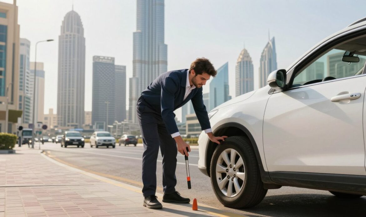 A modern roadside assistance scenario in Dubai, showcasing a professional service vehicle parked on a busy street. In the foreground, a friendly technician in smart business attire is assisting a distressed driver with a flat tire, using high-quality tools. The middle ground features a sleek, contemporary Dubai skyline with iconic buildings like the Burj Khalifa, creating an urban backdrop. The background is bathed in warm sunlight, enhancing the vibrant colors of the scene. The atmosphere conveys a sense of urgency yet professionalism, highlighting the ease of on-demand help. Soft shadows add depth, captured from a slightly low angle for dynamic perspective, ensuring a clear focus on the interaction between the technician and the driver. A modern roadside assistance scenario in Dubai, showcasing a professional service vehicle parked on a busy street. In the foreground, a friendly technician in smart business attire is assisting a distressed driver with a flat tire, using high-quality tools. The middle ground features a sleek, contemporary Dubai skyline with iconic buildings like the Burj Khalifa, creating an urban backdrop. The background is bathed in warm sunlight, enhancing the vibrant colors of the scene. The atmosphere conveys a sense of urgency yet professionalism, highlighting the ease of on-demand help. Soft shadows add depth, captured from a slightly low angle for dynamic perspective, ensuring a clear focus on the interaction between the technician and the driver.
