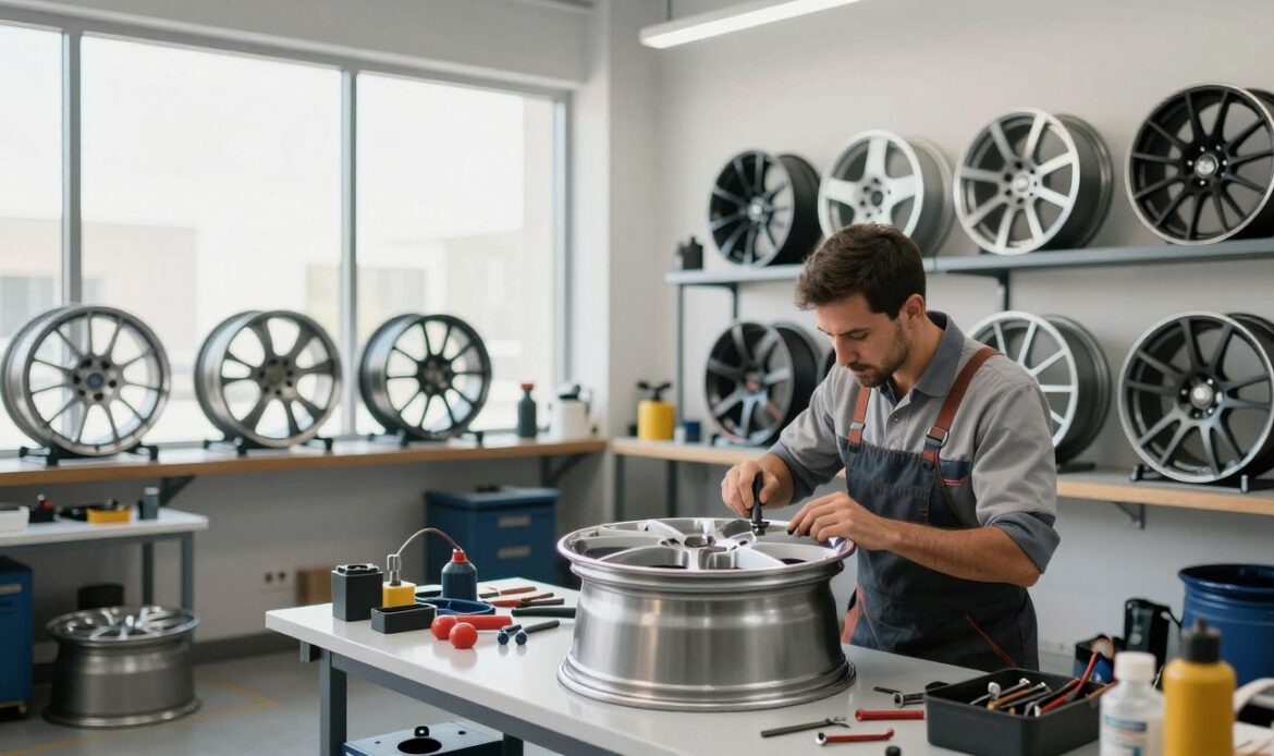 A modern wheel restoration service workshop in Dubai, showcasing a clean and organized environment. In the foreground, a skilled technician wearing a professional business attire is carefully inspecting a wheel on a workbench, surrounded by various tools and equipment for rim repair. In the middle ground, several wheels of different sizes and styles are displayed, some in the process of restoration, highlighting detailed work on the rims. The background reveals a bright, well-lit space with large windows allowing natural light to flood in, creating an inviting atmosphere. The overall mood is one of professionalism and efficiency, emphasizing expertise in auto services. Soft shadows enhance the image depth, shot with a slightly wide-angle lens to capture the full essence of the workspace. A modern wheel restoration service workshop in Dubai, showcasing a clean and organized environment. In the foreground, a skilled technician wearing a professional business attire is carefully inspecting a wheel on a workbench, surrounded by various tools and equipment for rim repair. In the middle ground, several wheels of different sizes and styles are displayed, some in the process of restoration, highlighting detailed work on the rims. The background reveals a bright, well-lit space with large windows allowing natural light to flood in, creating an inviting atmosphere. The overall mood is one of professionalism and efficiency, emphasizing expertise in auto services. Soft shadows enhance the image depth, shot with a slightly wide-angle lens to capture the full essence of the workspace.