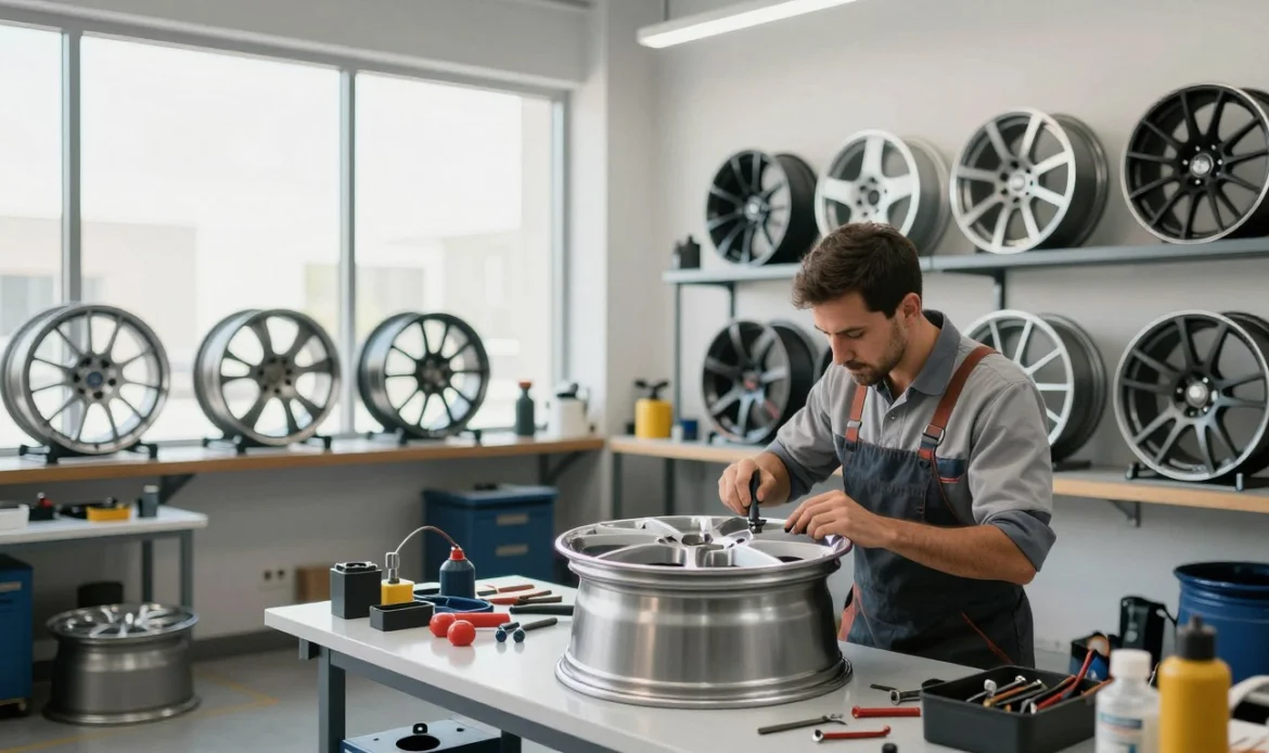 A modern wheel restoration service workshop in Dubai, showcasing a clean and organized environment. In the foreground, a skilled technician wearing a professional business attire is carefully inspecting a wheel on a workbench, surrounded by various tools and equipment for rim repair. In the middle ground, several wheels of different sizes and styles are displayed, some in the process of restoration, highlighting detailed work on the rims. The background reveals a bright, well-lit space with large windows allowing natural light to flood in, creating an inviting atmosphere. The overall mood is one of professionalism and efficiency, emphasizing expertise in auto services. Soft shadows enhance the image depth, shot with a slightly wide-angle lens to capture the full essence of the workspace. A modern wheel restoration service workshop in Dubai, showcasing a clean and organized environment. In the foreground, a skilled technician wearing a professional business attire is carefully inspecting a wheel on a workbench, surrounded by various tools and equipment for rim repair. In the middle ground, several wheels of different sizes and styles are displayed, some in the process of restoration, highlighting detailed work on the rims. The background reveals a bright, well-lit space with large windows allowing natural light to flood in, creating an inviting atmosphere. The overall mood is one of professionalism and efficiency, emphasizing expertise in auto services. Soft shadows enhance the image depth, shot with a slightly wide-angle lens to capture the full essence of the workspace.