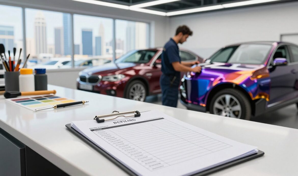 A professional auto repair shop interior in Dubai, showcasing a bright and organized workspace. In the foreground, a detailed auto painting estimate on a clipboard rests on a clean, polished counter. In the middle, a mechanic in smart work attire examines a car with a fresh coat of paint, reflecting brilliant colors under soft overhead lighting. Tools and paint samples are neatly arranged nearby, adding a sense of order and professionalism. In the background, a large window reveals a sunny Dubai skyline, enhancing the vibrant atmosphere. The overall mood is clean, efficient, and welcoming, illustrating a reliable auto repair service focused on transparency and support. A professional auto repair shop interior in Dubai, showcasing a bright and organized workspace. In the foreground, a detailed auto painting estimate on a clipboard rests on a clean, polished counter. In the middle, a mechanic in smart work attire examines a car with a fresh coat of paint, reflecting brilliant colors under soft overhead lighting. Tools and paint samples are neatly arranged nearby, adding a sense of order and professionalism. In the background, a large window reveals a sunny Dubai skyline, enhancing the vibrant atmosphere. The overall mood is clean, efficient, and welcoming, illustrating a reliable auto repair service focused on transparency and support.
