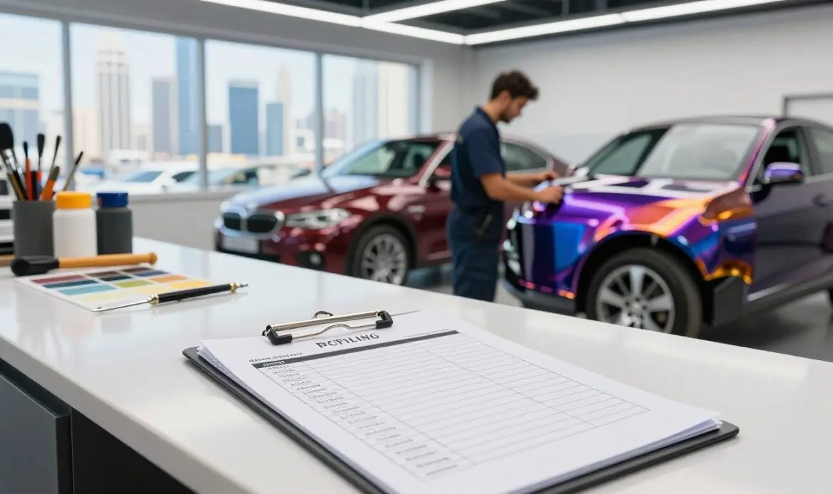 A professional auto repair shop interior in Dubai, showcasing a bright and organized workspace. In the foreground, a detailed auto painting estimate on a clipboard rests on a clean, polished counter. In the middle, a mechanic in smart work attire examines a car with a fresh coat of paint, reflecting brilliant colors under soft overhead lighting. Tools and paint samples are neatly arranged nearby, adding a sense of order and professionalism. In the background, a large window reveals a sunny Dubai skyline, enhancing the vibrant atmosphere. The overall mood is clean, efficient, and welcoming, illustrating a reliable auto repair service focused on transparency and support. A professional auto repair shop interior in Dubai, showcasing a bright and organized workspace. In the foreground, a detailed auto painting estimate on a clipboard rests on a clean, polished counter. In the middle, a mechanic in smart work attire examines a car with a fresh coat of paint, reflecting brilliant colors under soft overhead lighting. Tools and paint samples are neatly arranged nearby, adding a sense of order and professionalism. In the background, a large window reveals a sunny Dubai skyline, enhancing the vibrant atmosphere. The overall mood is clean, efficient, and welcoming, illustrating a reliable auto repair service focused on transparency and support.