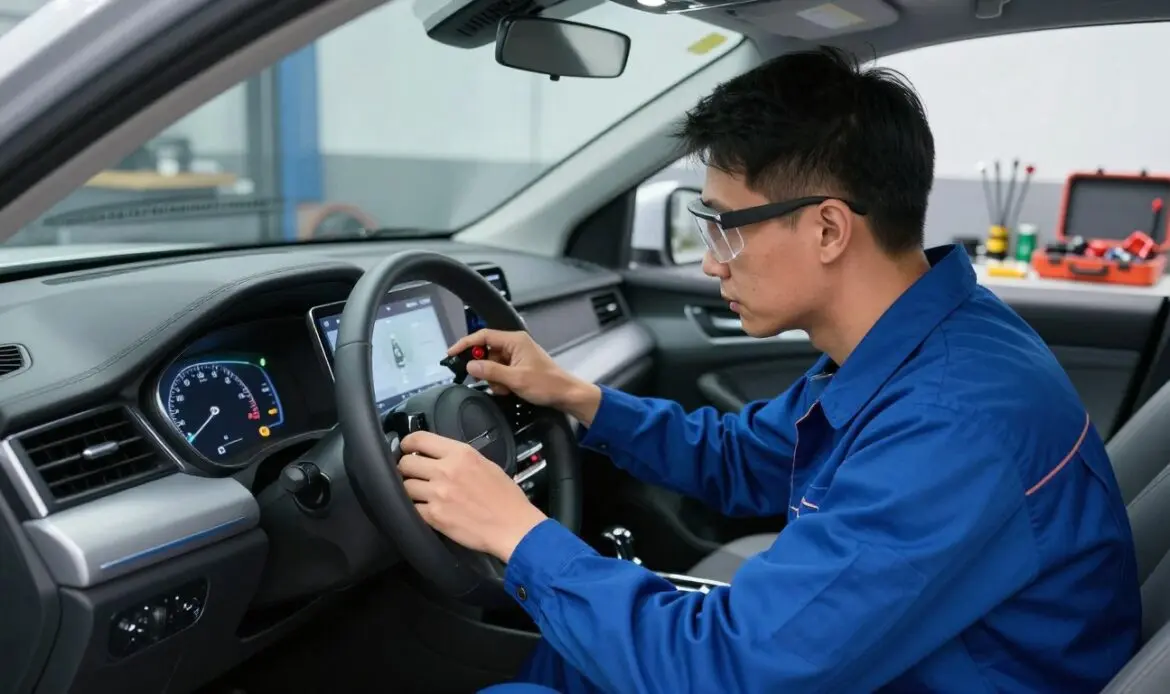 A professional automotive technician diagnosing a park aid system on a modern car in a well-lit garage. In the foreground, the technician, wearing a blue jumpsuit and safety goggles, is intently examining the dashboard display. The middle ground features the sleek car with sensors highlighted, showcasing a digital interface that displays diagnostic readings. In the background, tools and automotive equipment are neatly organized on a workbench, with soft overhead lighting illuminating the space. The atmosphere is focused and industrious, reflecting the importance of accurate diagnostics. The camera angle is slightly low, emphasizing the technician's concentration and the car's technology, creating a dynamic and engaging scene perfect for illustrating the topic. A professional automotive technician diagnosing a park aid system on a modern car in a well-lit garage. In the foreground, the technician, wearing a blue jumpsuit and safety goggles, is intently examining the dashboard display. The middle ground features the sleek car with sensors highlighted, showcasing a digital interface that displays diagnostic readings. In the background, tools and automotive equipment are neatly organized on a workbench, with soft overhead lighting illuminating the space. The atmosphere is focused and industrious, reflecting the importance of accurate diagnostics. The camera angle is slightly low, emphasizing the technician's concentration and the car's technology, creating a dynamic and engaging scene perfect for illustrating the topic.