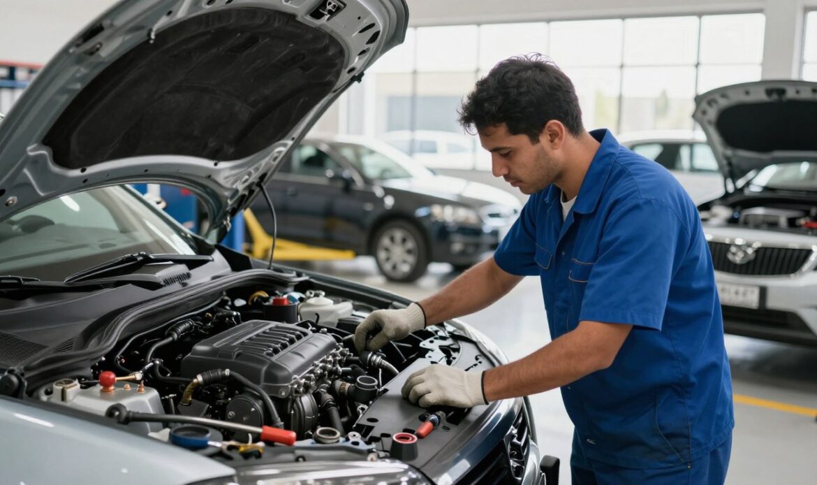 A professional engine maintenance workshop in Dubai, showcasing a skilled mechanic inspecting a car engine. In the foreground, the mechanic is wearing a blue uniform and safety gloves, focused on the engine components, while tools are neatly arranged on a nearby workbench. The middle ground features various vehicles, with one car elevated on a hydraulic lift, emphasizing the maintenance work being carried out. In the background, large windows allow natural light to filter in, illuminating the workspace and creating a clean and inviting atmosphere. The scene conveys a sense of trust and reliability, with high-quality lighting enhancing the details of the engine parts, creating shadows that add depth. The perspective is slightly angled to give a comprehensive view of the workshop environment, highlighting the importance of professional engine maintenance. A professional engine maintenance workshop in Dubai, showcasing a skilled mechanic inspecting a car engine. In the foreground, the mechanic is wearing a blue uniform and safety gloves, focused on the engine components, while tools are neatly arranged on a nearby workbench. The middle ground features various vehicles, with one car elevated on a hydraulic lift, emphasizing the maintenance work being carried out. In the background, large windows allow natural light to filter in, illuminating the workspace and creating a clean and inviting atmosphere. The scene conveys a sense of trust and reliability, with high-quality lighting enhancing the details of the engine parts, creating shadows that add depth. The perspective is slightly angled to give a comprehensive view of the workshop environment, highlighting the importance of professional engine maintenance.