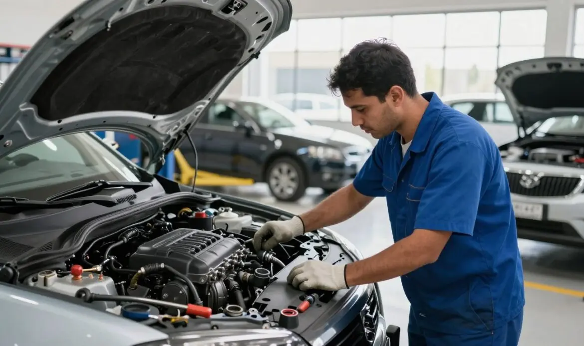 A professional engine maintenance workshop in Dubai, showcasing a skilled mechanic inspecting a car engine. In the foreground, the mechanic is wearing a blue uniform and safety gloves, focused on the engine components, while tools are neatly arranged on a nearby workbench. The middle ground features various vehicles, with one car elevated on a hydraulic lift, emphasizing the maintenance work being carried out. In the background, large windows allow natural light to filter in, illuminating the workspace and creating a clean and inviting atmosphere. The scene conveys a sense of trust and reliability, with high-quality lighting enhancing the details of the engine parts, creating shadows that add depth. The perspective is slightly angled to give a comprehensive view of the workshop environment, highlighting the importance of professional engine maintenance. A professional engine maintenance workshop in Dubai, showcasing a skilled mechanic inspecting a car engine. In the foreground, the mechanic is wearing a blue uniform and safety gloves, focused on the engine components, while tools are neatly arranged on a nearby workbench. The middle ground features various vehicles, with one car elevated on a hydraulic lift, emphasizing the maintenance work being carried out. In the background, large windows allow natural light to filter in, illuminating the workspace and creating a clean and inviting atmosphere. The scene conveys a sense of trust and reliability, with high-quality lighting enhancing the details of the engine parts, creating shadows that add depth. The perspective is slightly angled to give a comprehensive view of the workshop environment, highlighting the importance of professional engine maintenance.