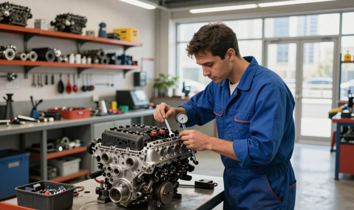 A professional engine repair service scene set in a modern workshop. In the foreground, a skilled mechanic dressed in a clean, professional blue coverall is intently examining a disassembled car engine on a workbench, using precision tools like wrenches and gauges. The middle ground features shelves filled with engine parts and tools, enhancing the sense of an organized, expert environment. In the background, large windows allow natural light to flood the space, illuminating the polished concrete floor and giving a glimpse of the bustling city of Dubai outside. The atmosphere is focused and industrious, conveying trust and expertise in engine repair. The composition should be shot at a slight angle, creating depth, with a warm, inviting light accentuating the professionalism of the service. A professional engine repair service scene set in a modern workshop. In the foreground, a skilled mechanic dressed in a clean, professional blue coverall is intently examining a disassembled car engine on a workbench, using precision tools like wrenches and gauges. The middle ground features shelves filled with engine parts and tools, enhancing the sense of an organized, expert environment. In the background, large windows allow natural light to flood the space, illuminating the polished concrete floor and giving a glimpse of the bustling city of Dubai outside. The atmosphere is focused and industrious, conveying trust and expertise in engine repair. The composition should be shot at a slight angle, creating depth, with a warm, inviting light accentuating the professionalism of the service.