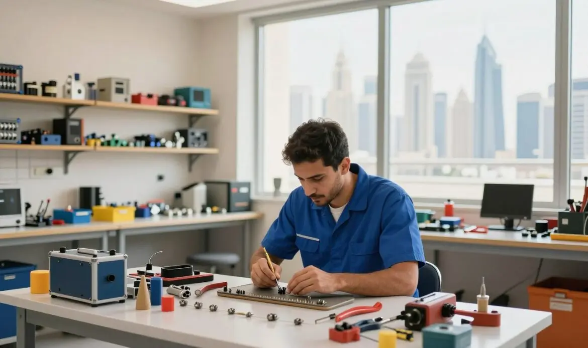 A professional repair service scene set in a bright, modern workshop in Dubai. In the foreground, a technician in a crisp blue uniform is attentively working on a variety of tools and equipment, showcasing attention to detail and expertise. In the middle, shelves are stocked with various repair parts, while a large workbench displays ongoing projects, emphasizing quality service. The background features Dubai's skyline through a large window, suggesting the location’s premier status. Soft, natural lighting enhances the warm atmosphere, reflecting a sense of trust and reliability. The composition should convey a dynamic work environment, showcasing professionalism and commitment to excellence without any text or distractions. A professional repair service scene set in a bright, modern workshop in Dubai. In the foreground, a technician in a crisp blue uniform is attentively working on a variety of tools and equipment, showcasing attention to detail and expertise. In the middle, shelves are stocked with various repair parts, while a large workbench displays ongoing projects, emphasizing quality service. The background features Dubai's skyline through a large window, suggesting the location’s premier status. Soft, natural lighting enhances the warm atmosphere, reflecting a sense of trust and reliability. The composition should convey a dynamic work environment, showcasing professionalism and commitment to excellence without any text or distractions.