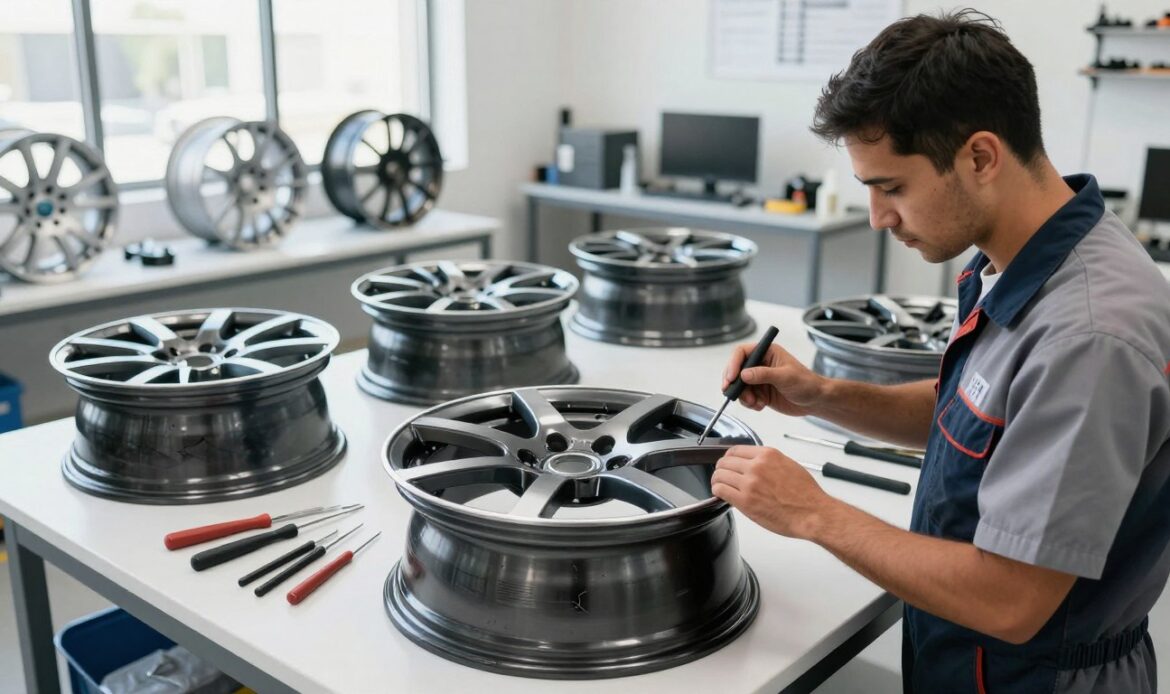 A sleek, modern wheel rim lying on a contemporary workbench in a well-lit repair shop in Dubai. In the foreground, a professional technician in a clean, work-appropriate uniform inspects the rim closely, using specialized tools to demonstrate intricate rim repair techniques. The mid-ground shows a variety of damaged rims, highlighting common problems like scratches, bends, and cracks, with tools and equipment neatly arranged around them. In the background, the workshop is filled with bright, natural light pouring in through large windows, showcasing a clean and organized environment. The atmosphere is busy yet professional, emphasizing expertise and efficiency in rim repairs. Use a wide-angle lens to capture the entire scene and enhance depth, with vibrant and crisp lighting to highlight details. A sleek, modern wheel rim lying on a contemporary workbench in a well-lit repair shop in Dubai. In the foreground, a professional technician in a clean, work-appropriate uniform inspects the rim closely, using specialized tools to demonstrate intricate rim repair techniques. The mid-ground shows a variety of damaged rims, highlighting common problems like scratches, bends, and cracks, with tools and equipment neatly arranged around them. In the background, the workshop is filled with bright, natural light pouring in through large windows, showcasing a clean and organized environment. The atmosphere is busy yet professional, emphasizing expertise and efficiency in rim repairs. Use a wide-angle lens to capture the entire scene and enhance depth, with vibrant and crisp lighting to highlight details.
