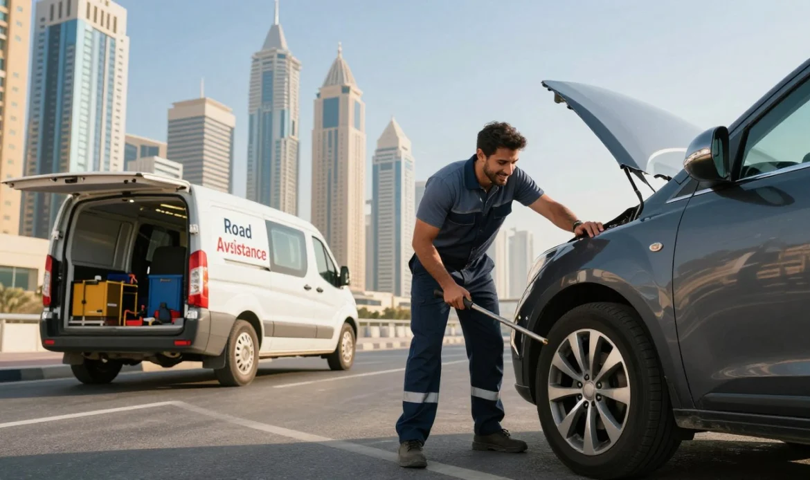 A vibrant scene depicting a car breakdown assistance scenario in Dubai. In the foreground, a friendly technician in professional attire is assisting a driver next to a luxury vehicle that has a flat tire. The technician holds a tire iron and smiles reassuringly. In the middle ground, a service van emblazoned with "Road Assistance" is parked nearby, with tools and supplies visible in the back. The background captures Dubai's iconic skyline, featuring modern skyscrapers under a clear blue sky. The image is illuminated by warm sunlight, creating a bright and optimistic atmosphere. Use a slightly low angle to emphasize the towering buildings and the teamwork involved in road assistance. A vibrant scene depicting a car breakdown assistance scenario in Dubai. In the foreground, a friendly technician in professional attire is assisting a driver next to a luxury vehicle that has a flat tire. The technician holds a tire iron and smiles reassuringly. In the middle ground, a service van emblazoned with "Road Assistance" is parked nearby, with tools and supplies visible in the back. The background captures Dubai's iconic skyline, featuring modern skyscrapers under a clear blue sky. The image is illuminated by warm sunlight, creating a bright and optimistic atmosphere. Use a slightly low angle to emphasize the towering buildings and the teamwork involved in road assistance.