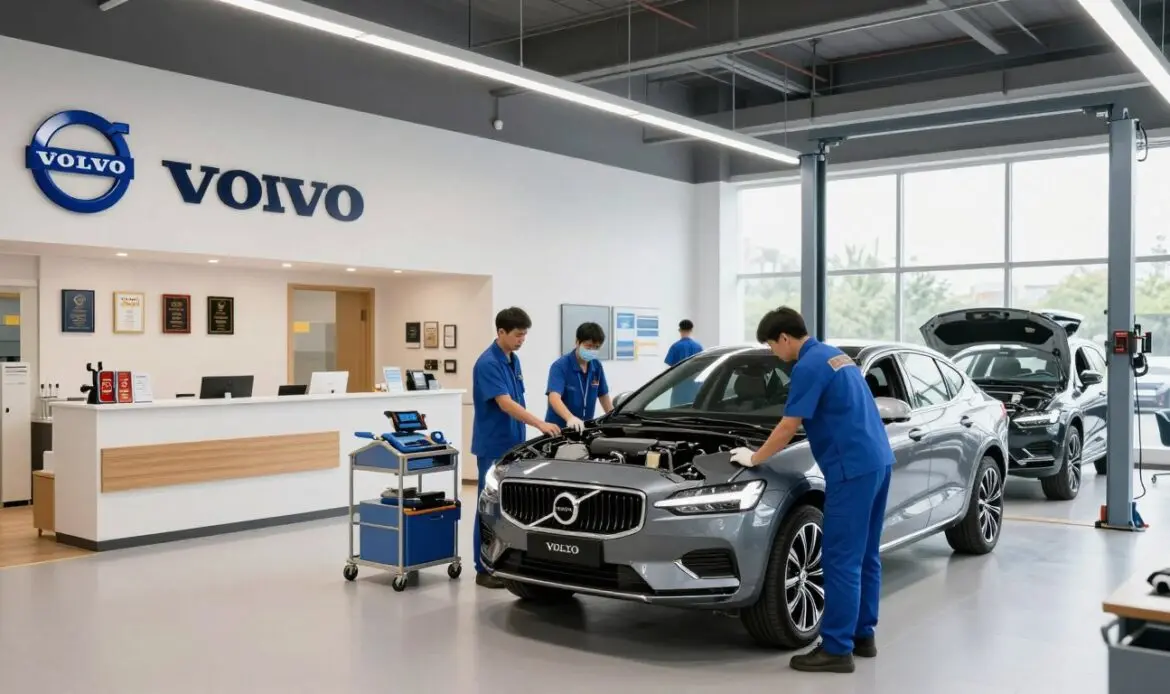 An authorized Volvo service center, showcasing modern automotive service facilities. In the foreground, a pristine, well-organized workshop with professional technicians in blue uniforms working diligently on a sleek Volvo car. The middle ground features a reception area with a welcoming design, displaying Volvo branding and various service awards, signifying expertise and customer trust. In the background, large windows allow natural light to flood in, enhancing the atmosphere of professionalism. The scene is brightly lit with high-definition clarity, capturing the precision tools and equipment neatly arranged. A wide-angle shot from a slight low angle emphasizes the spaciousness and cleanliness of the space, conveying a mood of reliability and excellence in service. An authorized Volvo service center, showcasing modern automotive service facilities. In the foreground, a pristine, well-organized workshop with professional technicians in blue uniforms working diligently on a sleek Volvo car. The middle ground features a reception area with a welcoming design, displaying Volvo branding and various service awards, signifying expertise and customer trust. In the background, large windows allow natural light to flood in, enhancing the atmosphere of professionalism. The scene is brightly lit with high-definition clarity, capturing the precision tools and equipment neatly arranged. A wide-angle shot from a slight low angle emphasizes the spaciousness and cleanliness of the space, conveying a mood of reliability and excellence in service.