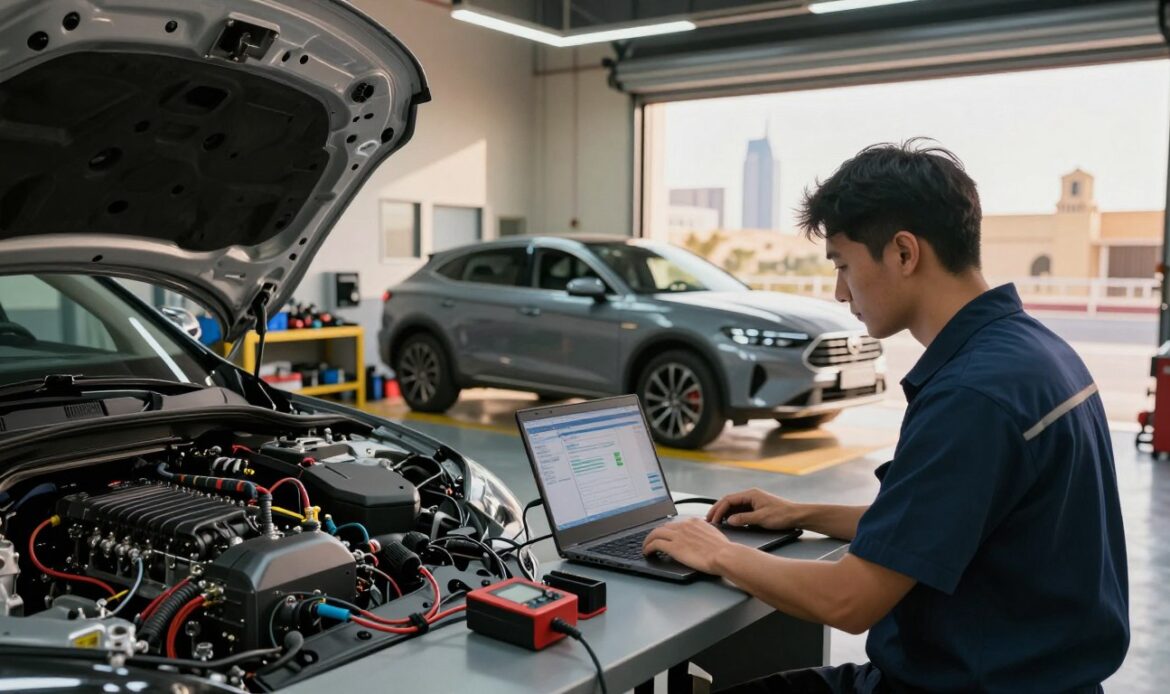 An automotive workshop in the UAE, showcasing a sleek, modern vehicle on a lift while a technician in professional attire inspects its ECU. The foreground features detailed engine components, wires, and diagnostic tools, with the technician focused on a laptop displaying ECU tuning software. In the middle ground, shelves are lined with tuning manuals and tools, surrounded by ambient light that casts soft shadows. The background features an open garage door that reveals a sunny UAE skyline, highlighting the contrast between the high-tech environment and the warm, arid landscape outside. The atmosphere is focused and technical, emphasizing the reliability and precision of ECU tuning while reflecting the vibrant automotive culture in the UAE. An automotive workshop in the UAE, showcasing a sleek, modern vehicle on a lift while a technician in professional attire inspects its ECU. The foreground features detailed engine components, wires, and diagnostic tools, with the technician focused on a laptop displaying ECU tuning software. In the middle ground, shelves are lined with tuning manuals and tools, surrounded by ambient light that casts soft shadows. The background features an open garage door that reveals a sunny UAE skyline, highlighting the contrast between the high-tech environment and the warm, arid landscape outside. The atmosphere is focused and technical, emphasizing the reliability and precision of ECU tuning while reflecting the vibrant automotive culture in the UAE.