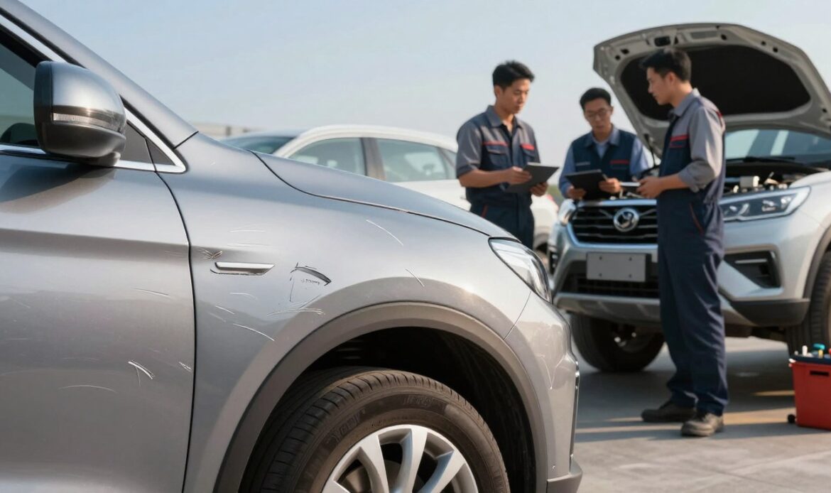 An outdoor car repair shop setting showcasing a variety of car scratches on different vehicles. In the foreground, a close-up of a scratched car door with varying depths of damage, highlighting several types of scratches: superficial, deep, and those requiring repainting. In the middle ground, mechanics in professional business attire discussing repair costs, examining a scratched bumper, emphasizing the comparison of repair options. In the background, a clear blue sky and modern workshop tools, depicting a clean and well-organized environment. Soft afternoon lighting casts gentle shadows, creating a professional yet approachable atmosphere. Focused angle showcasing the intricacies of scratches and the repair context. An outdoor car repair shop setting showcasing a variety of car scratches on different vehicles. In the foreground, a close-up of a scratched car door with varying depths of damage, highlighting several types of scratches: superficial, deep, and those requiring repainting. In the middle ground, mechanics in professional business attire discussing repair costs, examining a scratched bumper, emphasizing the comparison of repair options. In the background, a clear blue sky and modern workshop tools, depicting a clean and well-organized environment. Soft afternoon lighting casts gentle shadows, creating a professional yet approachable atmosphere. Focused angle showcasing the intricacies of scratches and the repair context.