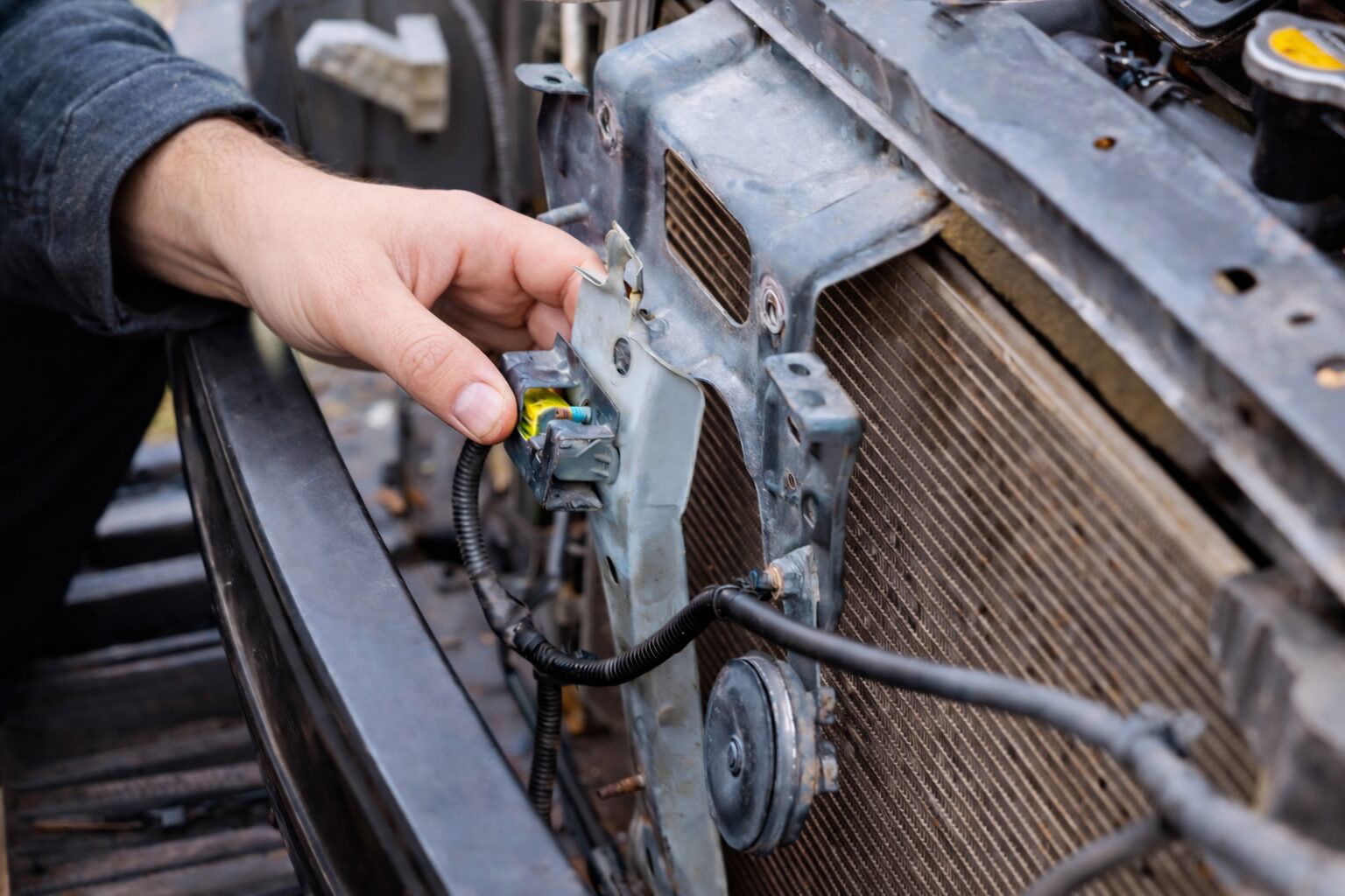 car radiator repair a mechanical hand on the car radiator